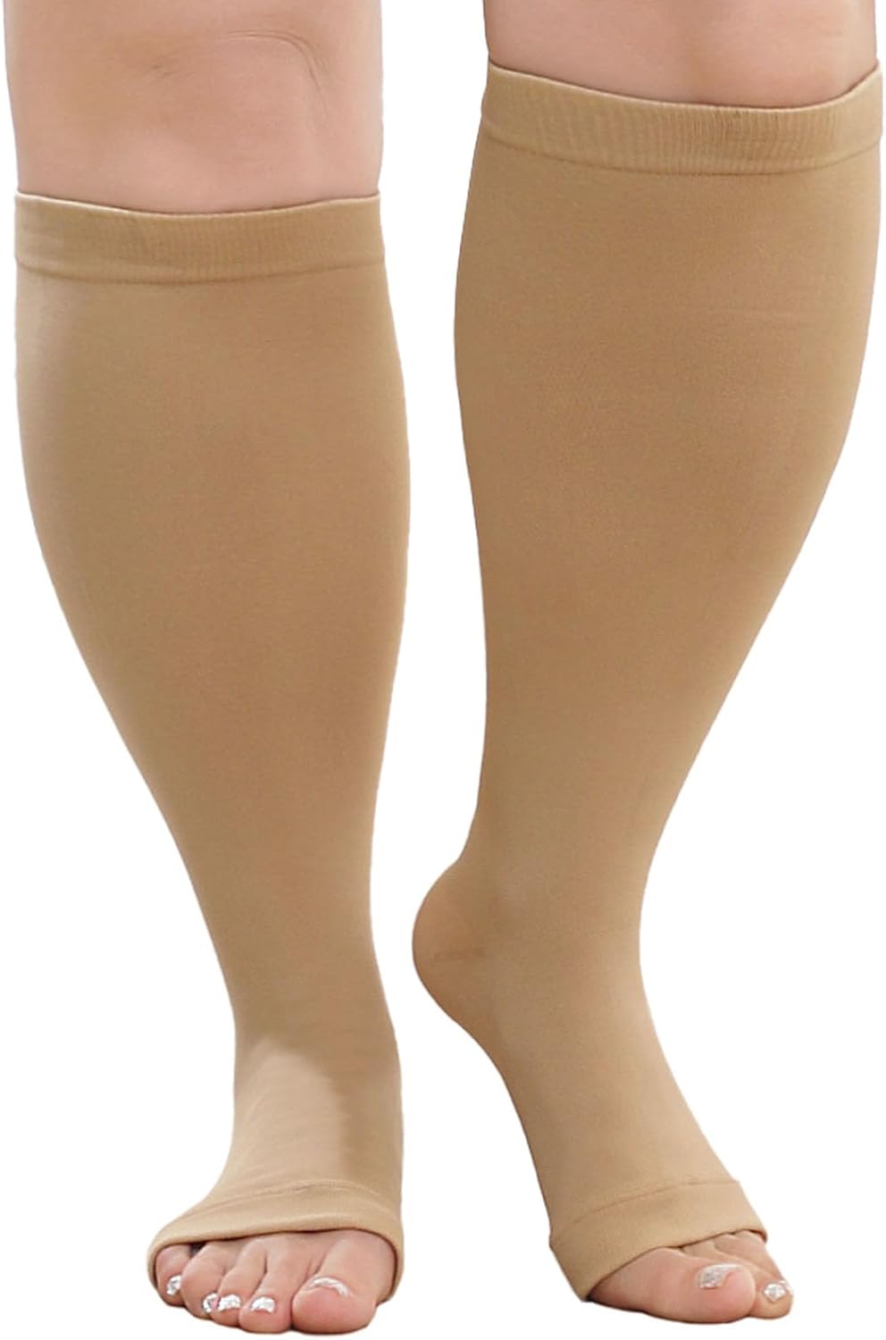PUTUO bas de contention grande taille 7XL à bout ouvert (1 paire) beige