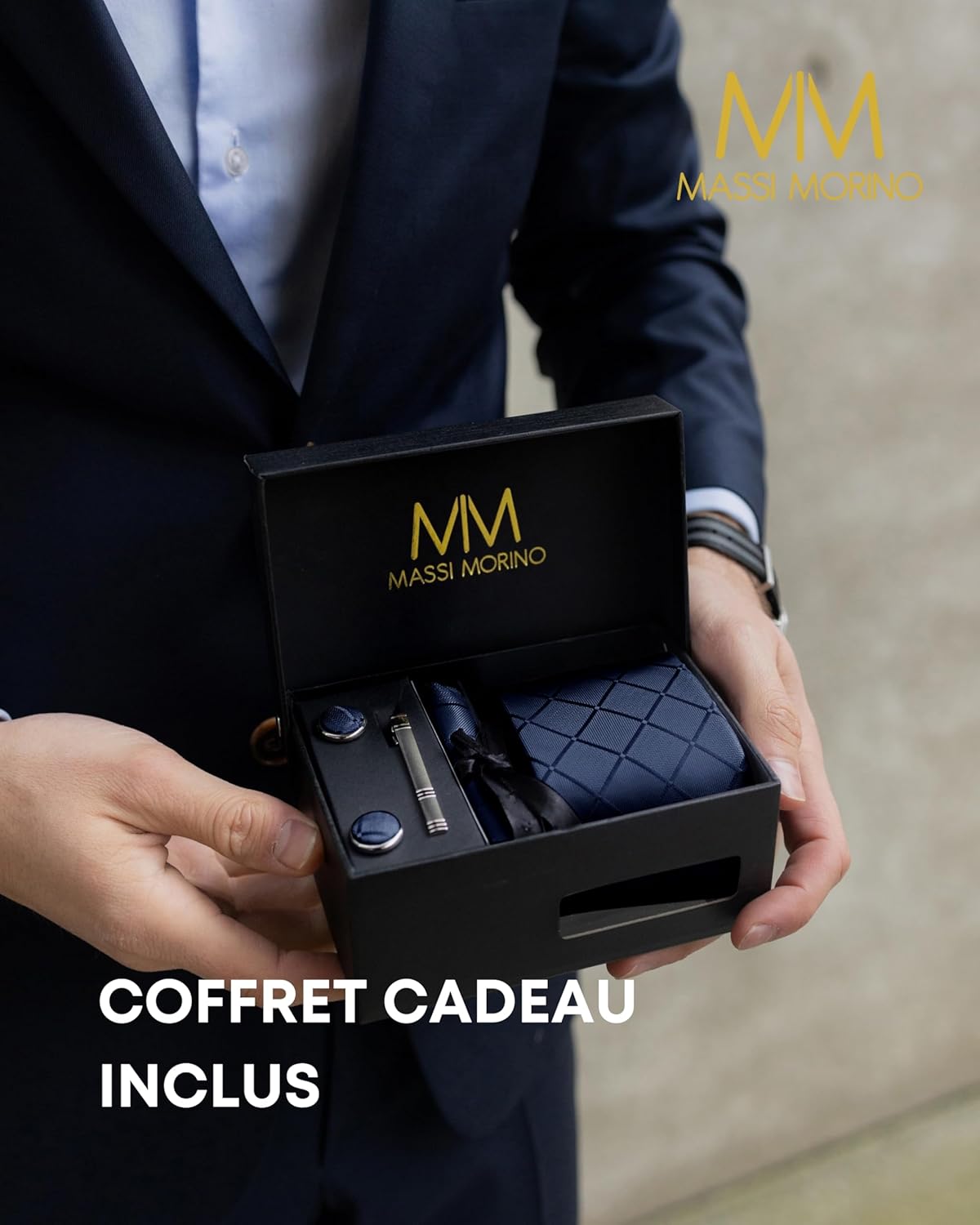 Thumbnail 4 de Coffret Massi Morino pour homme : cravate avec mouchoirs de poche, boutons de manchette et pinces à cravate