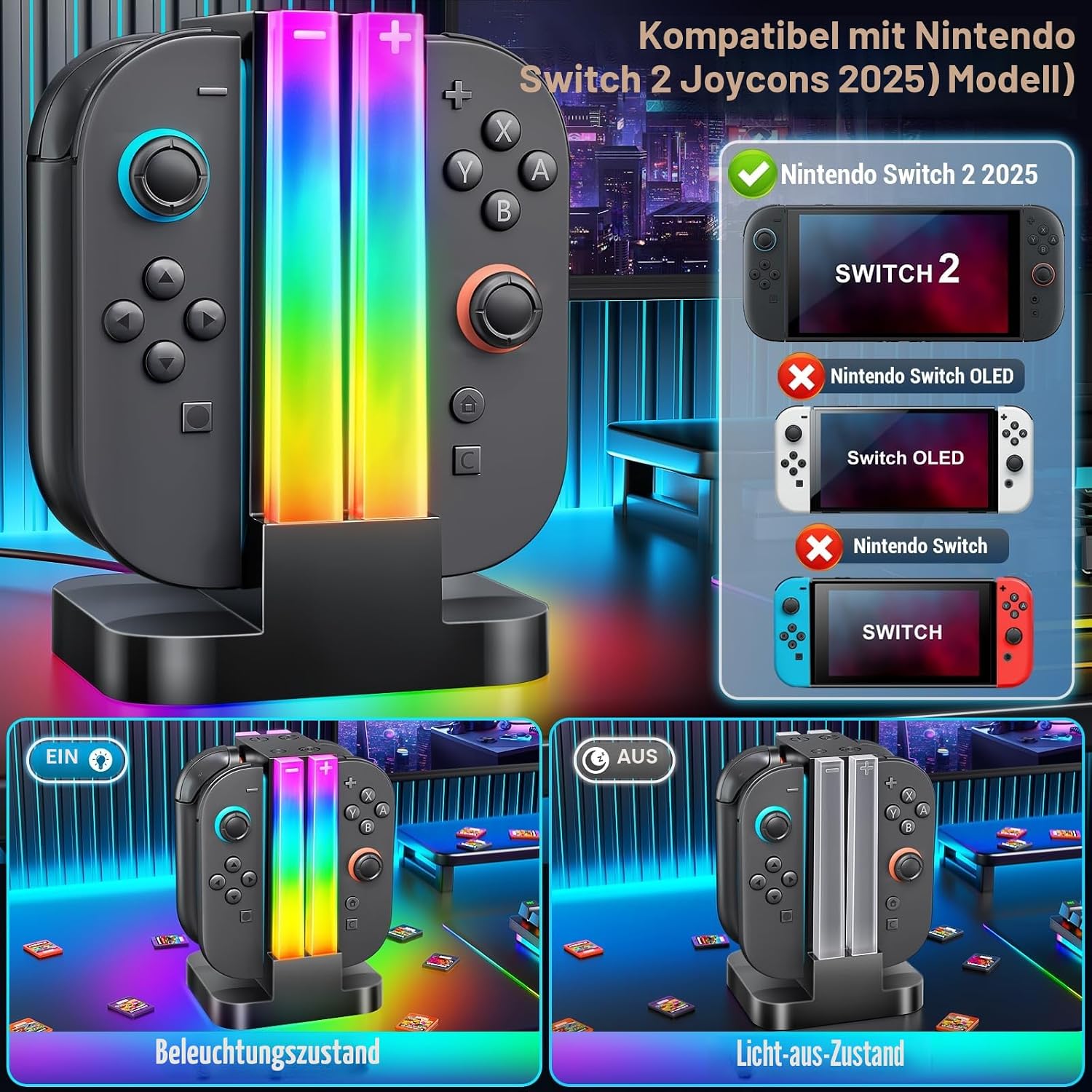 Detalle 2 de Wenocally Switch Controller-Ladestation mit 6 RGB-Modi