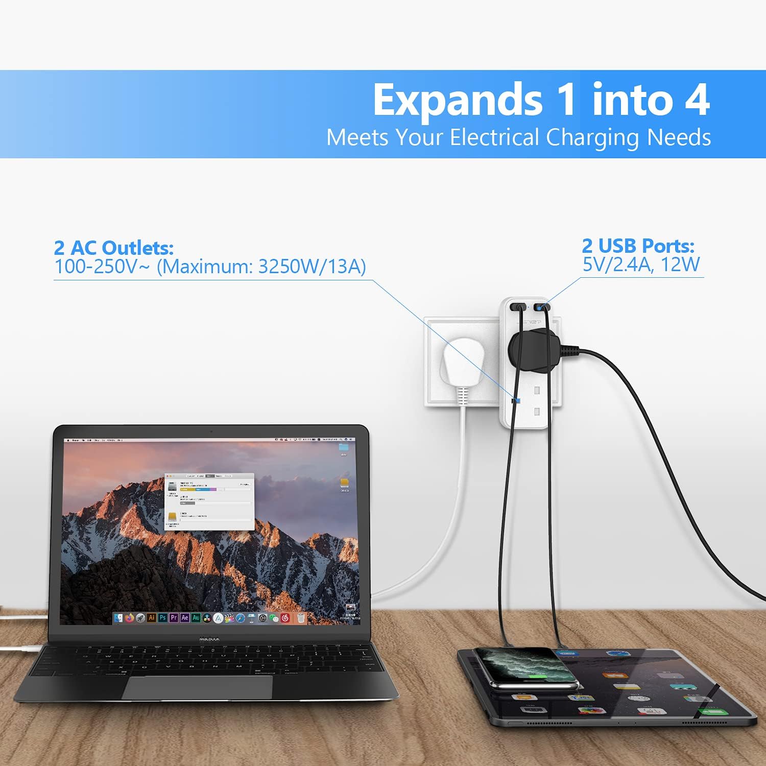 Detalle 2 de JSVER Mini Double Plug Adaptor with 2 USB 2.4A