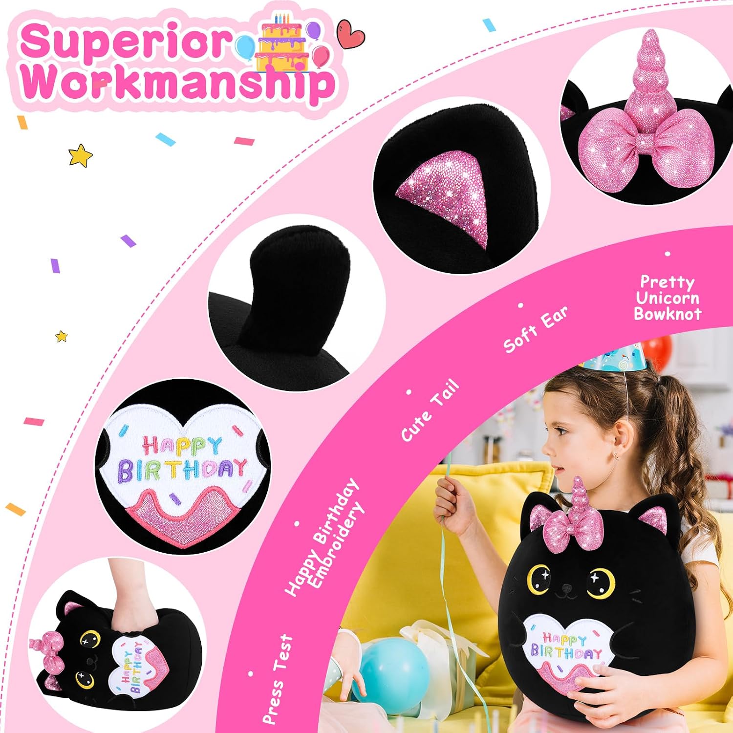 Thumbnail 2 de 11.6-inch Black Cat Happy Birthday Plush – cuddly kitten hugging pillow toy