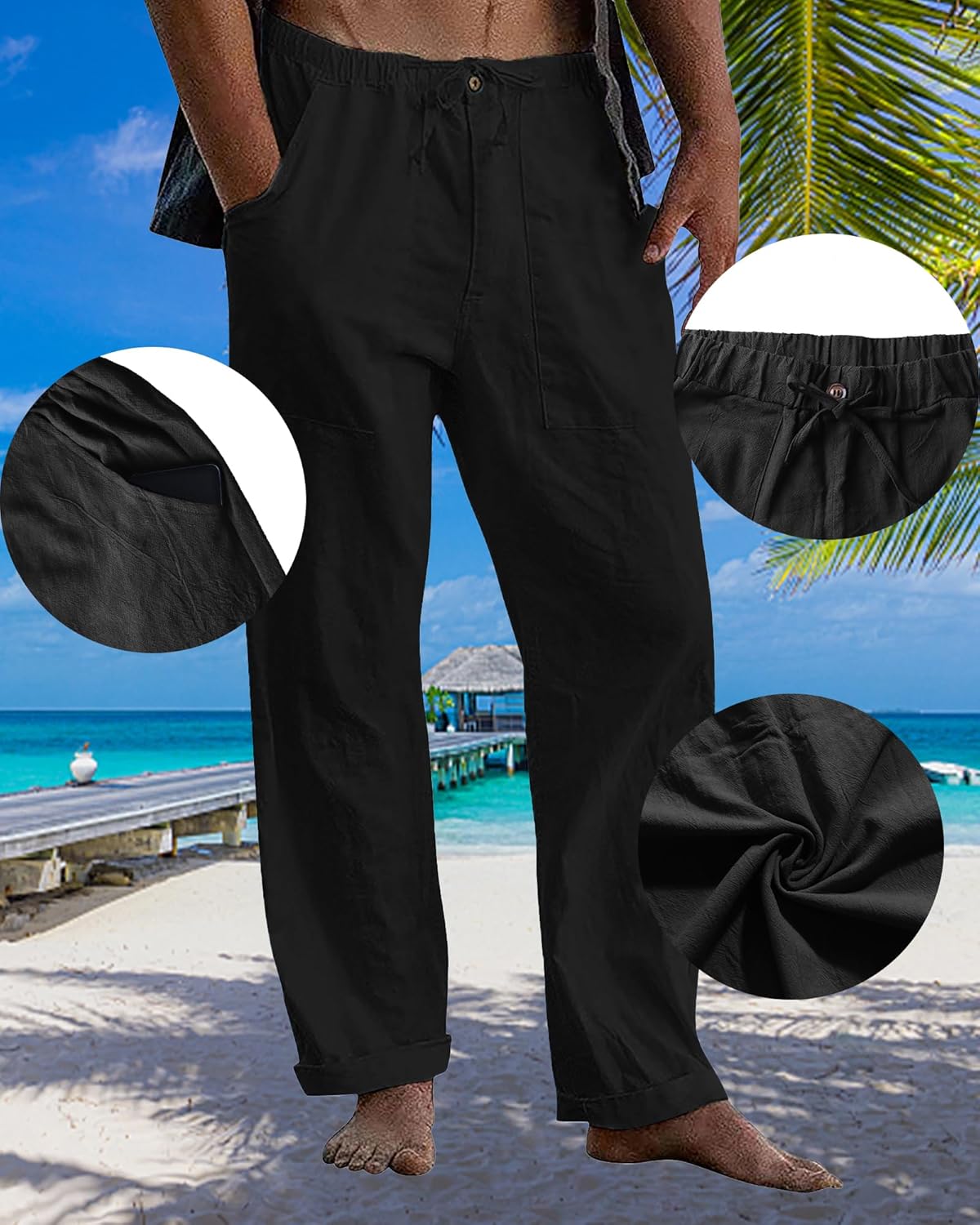 Detalle de LVCBL Leinenhose Herren – lockere Leinen-Hose mit elastischem Bund und Taschen