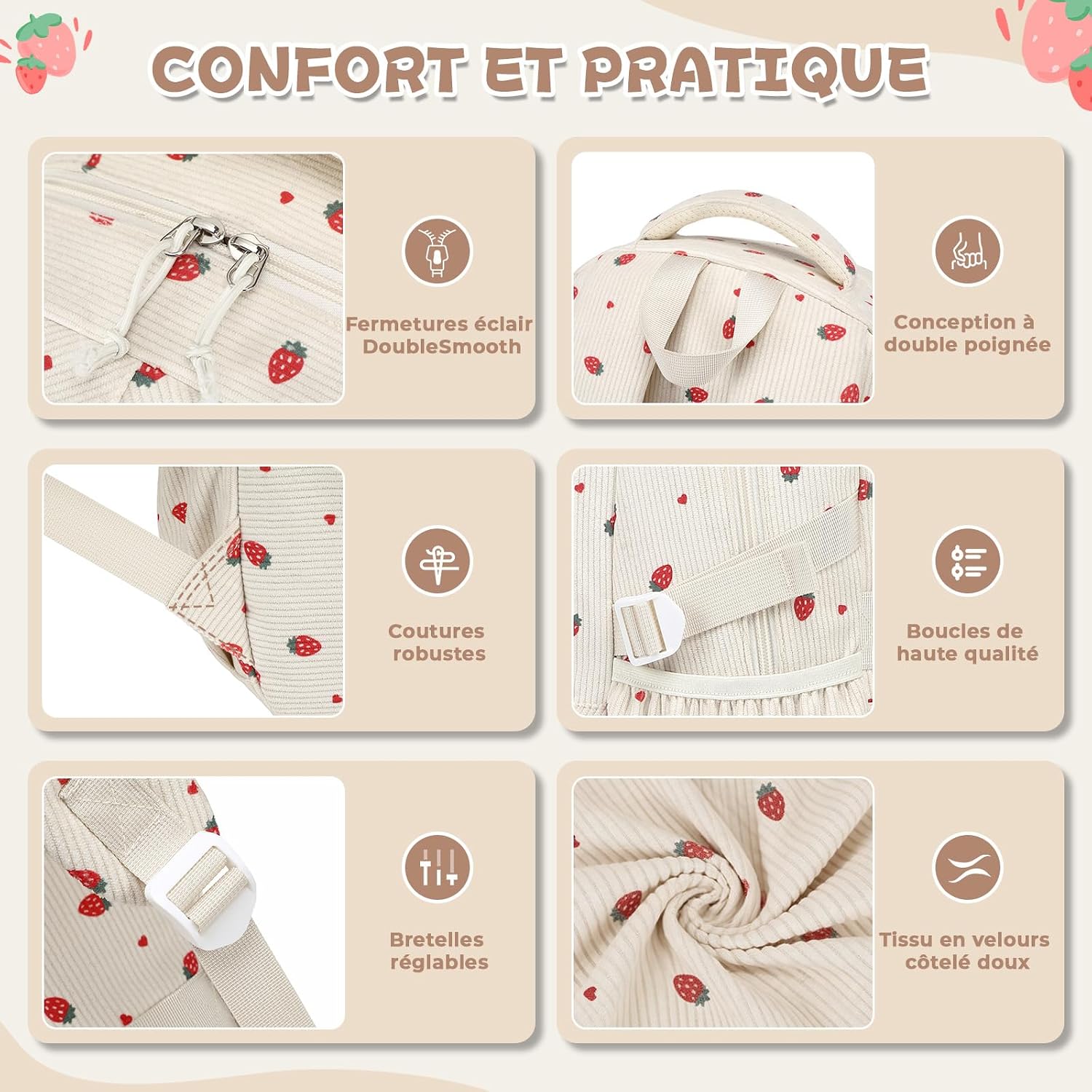 Detalle de Sisipoet Sac à Dos Fille Velours Côtelé Fraise – Cartable Léger pour École et Voyage
