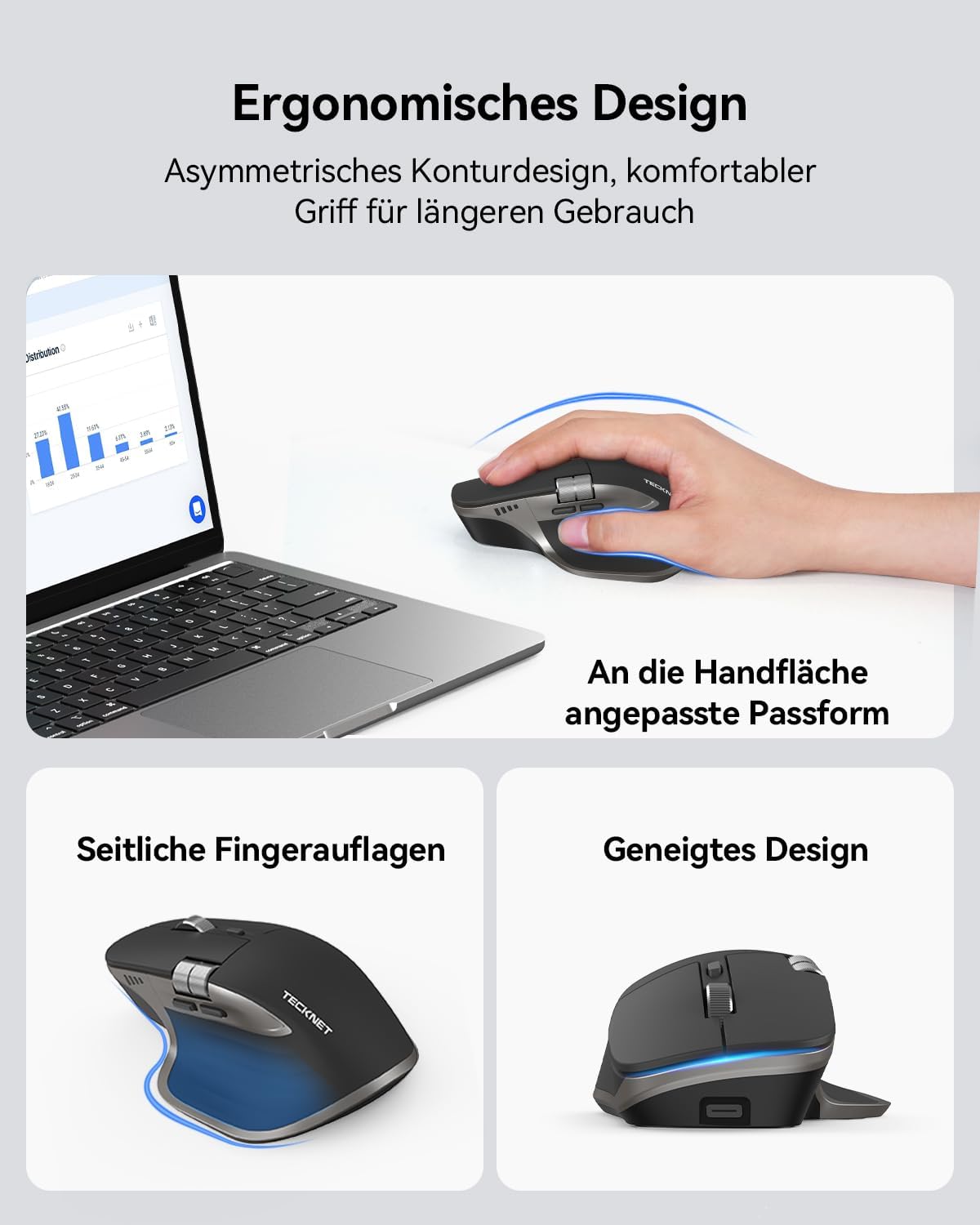 Detalle 2 de TECKNET Bluetooth kabellose Maus – Ergonomische 7-Tasten-Maus mit Daumenrad, 4800 DPI, BT 5.3/5.0 + 2,4 GHz, USB-C Schnellladung