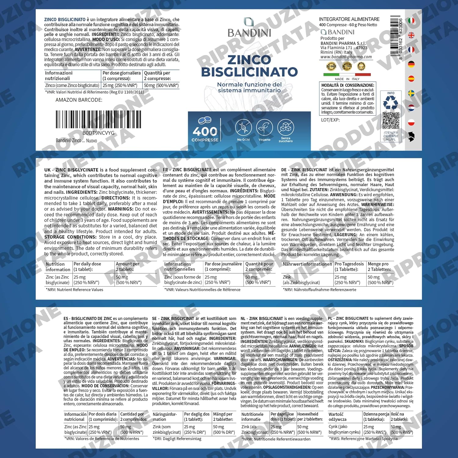 Detalle 1 de BANDINI Zinkbisglycinaat 400 tabletten, vegan supplement