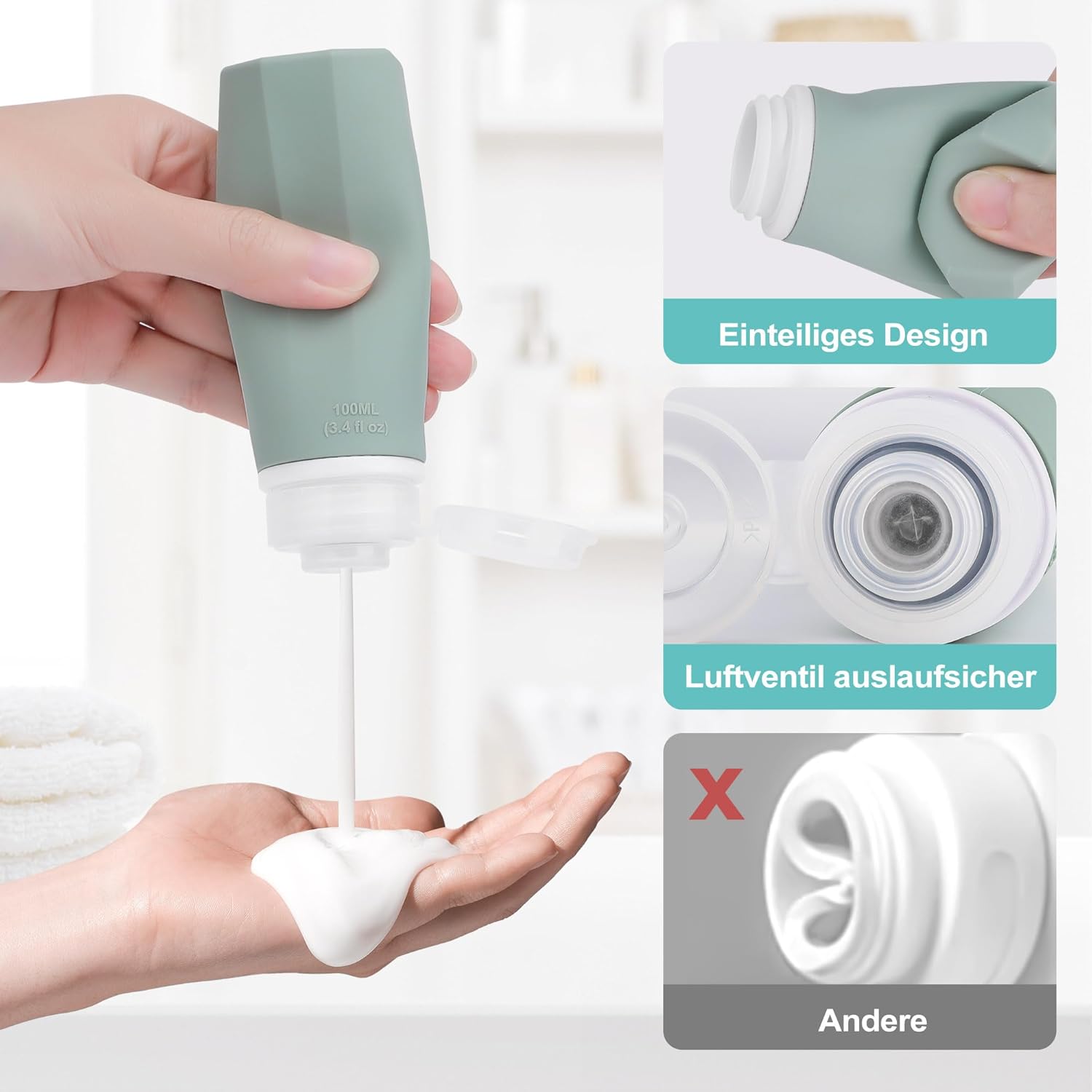 Detalle 2 de Opret 4er Silikon-Reiseflaschen-Set (100 ml) – auslaufsicher, nachfüllbar für Shampoo & Kosmetik