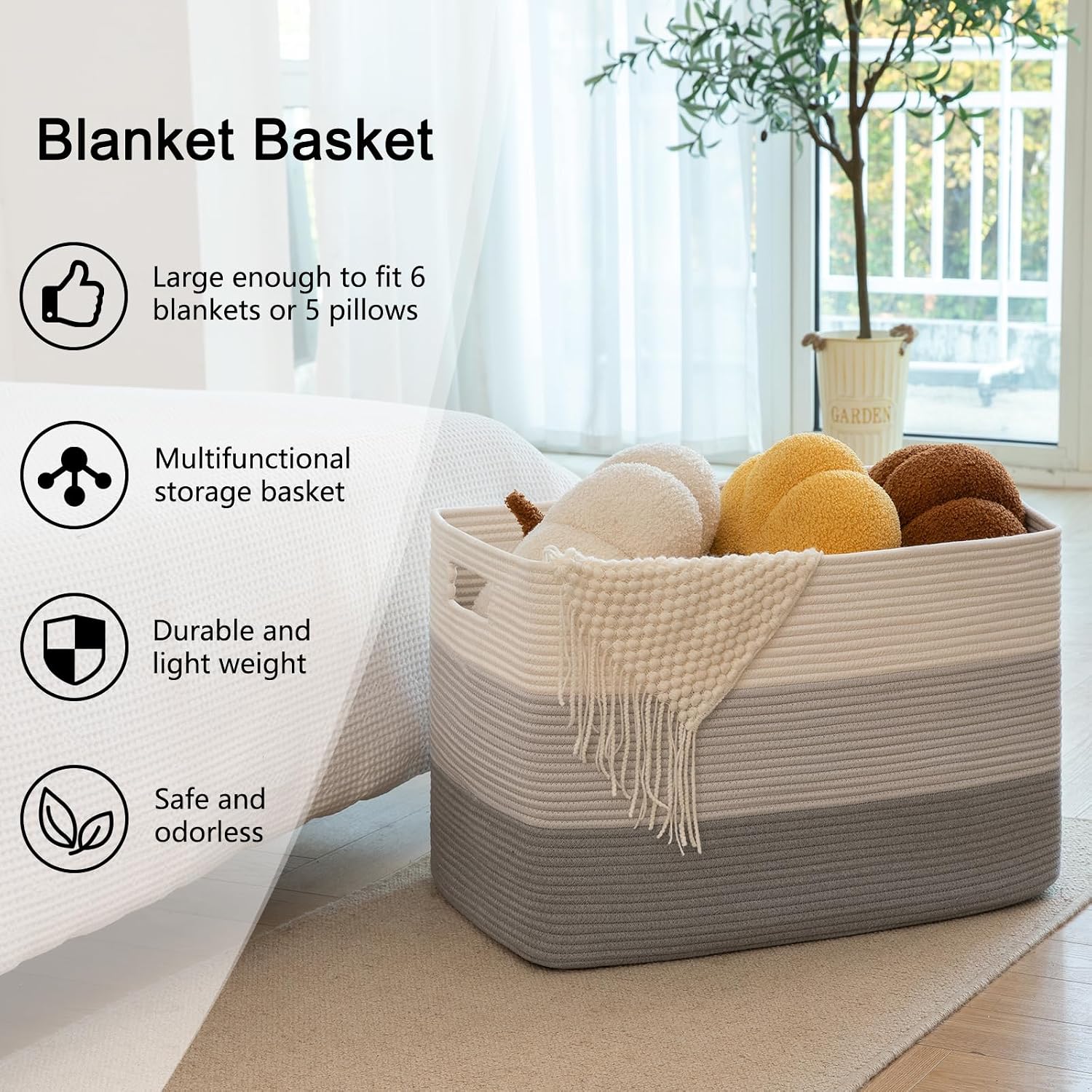 Thumbnail 5 de OIAHOMY 108L Cotton Rope Basket for Laundry and Blanket Storage, Gradient Gray