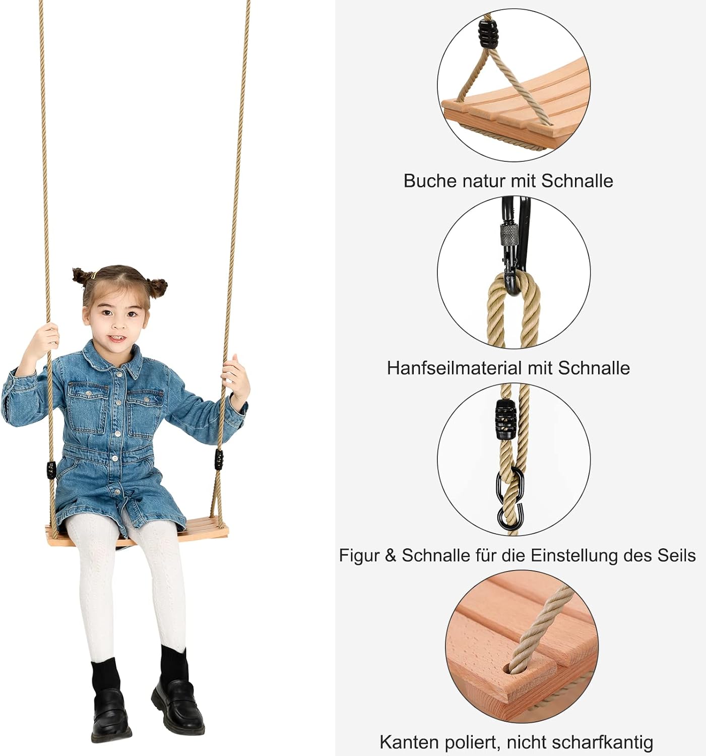 Detalle de Holzschaukel Outdoor – Buchenholz-Sitz, höhenverstellbares Seil, für Innen & Außen (bis 100 kg)