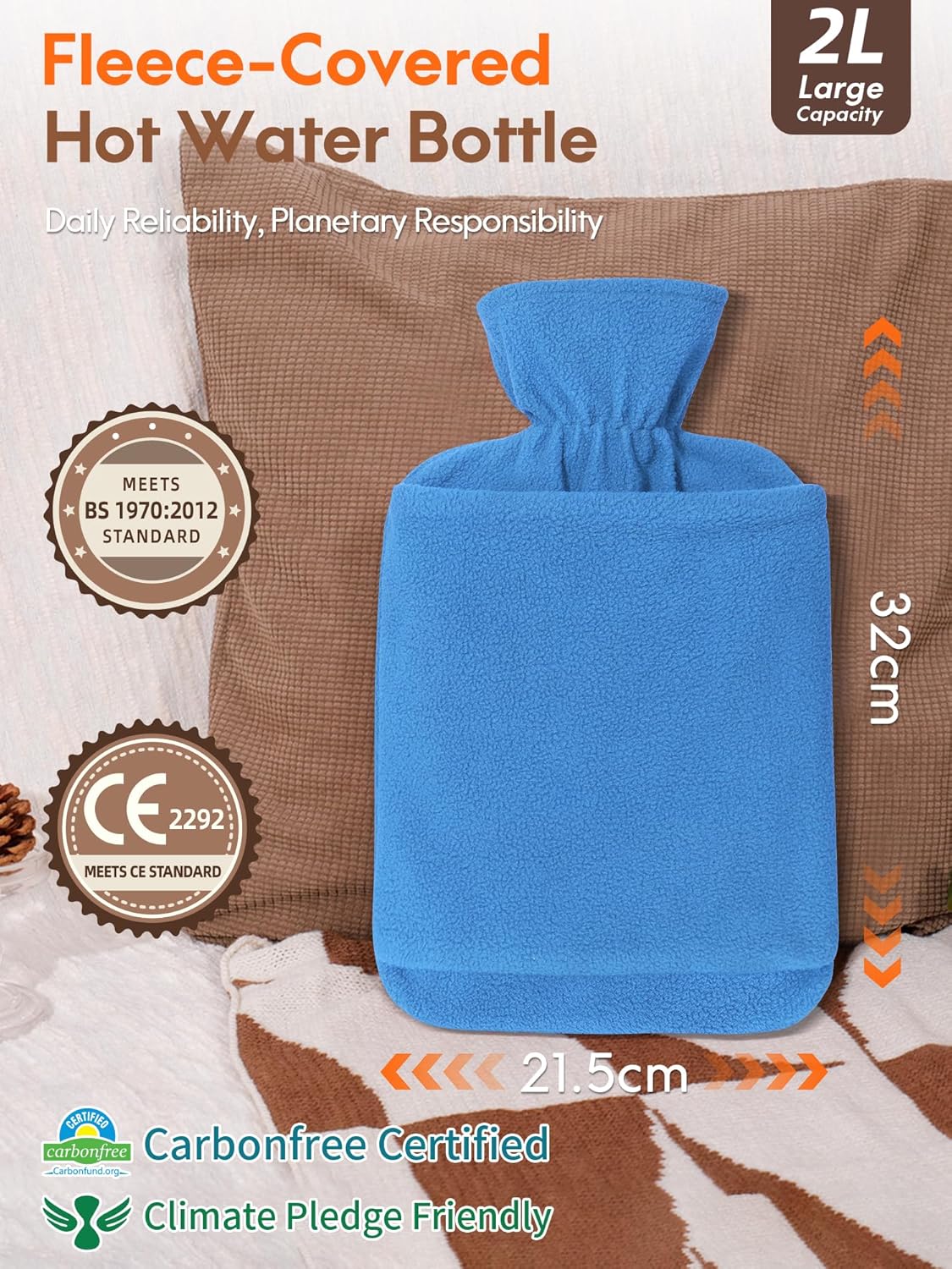 Thumbnail 1 de MUPAS Wärmflasche mit Vliesbezug, 2 Liter – Hot Water Bag mit Känguru-Tasche (Hellblau)