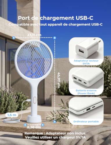 Thumbnail 7 de YISSVIC Raquette Électrique Insectes 4000 V, 1500 mAh, Base Stable, UV 365 nm – Anti-Moutiques et Anti-Mouches