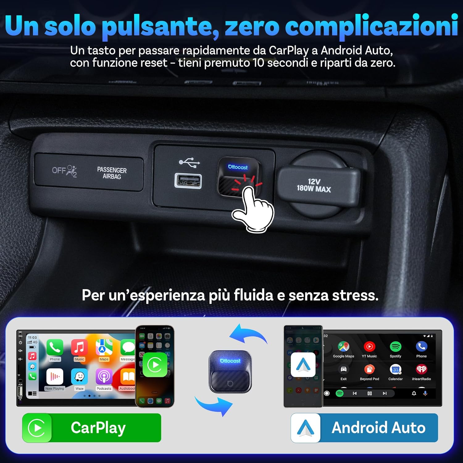 Thumbnail 3 de OTTOCAST Mini Core 2-in-1 Wireless CarPlay & Android Auto 2026 (WiFi 6 e Bluetooth 5.4), adattatore per auto con CarPlay/Android Auto di fabbrica
