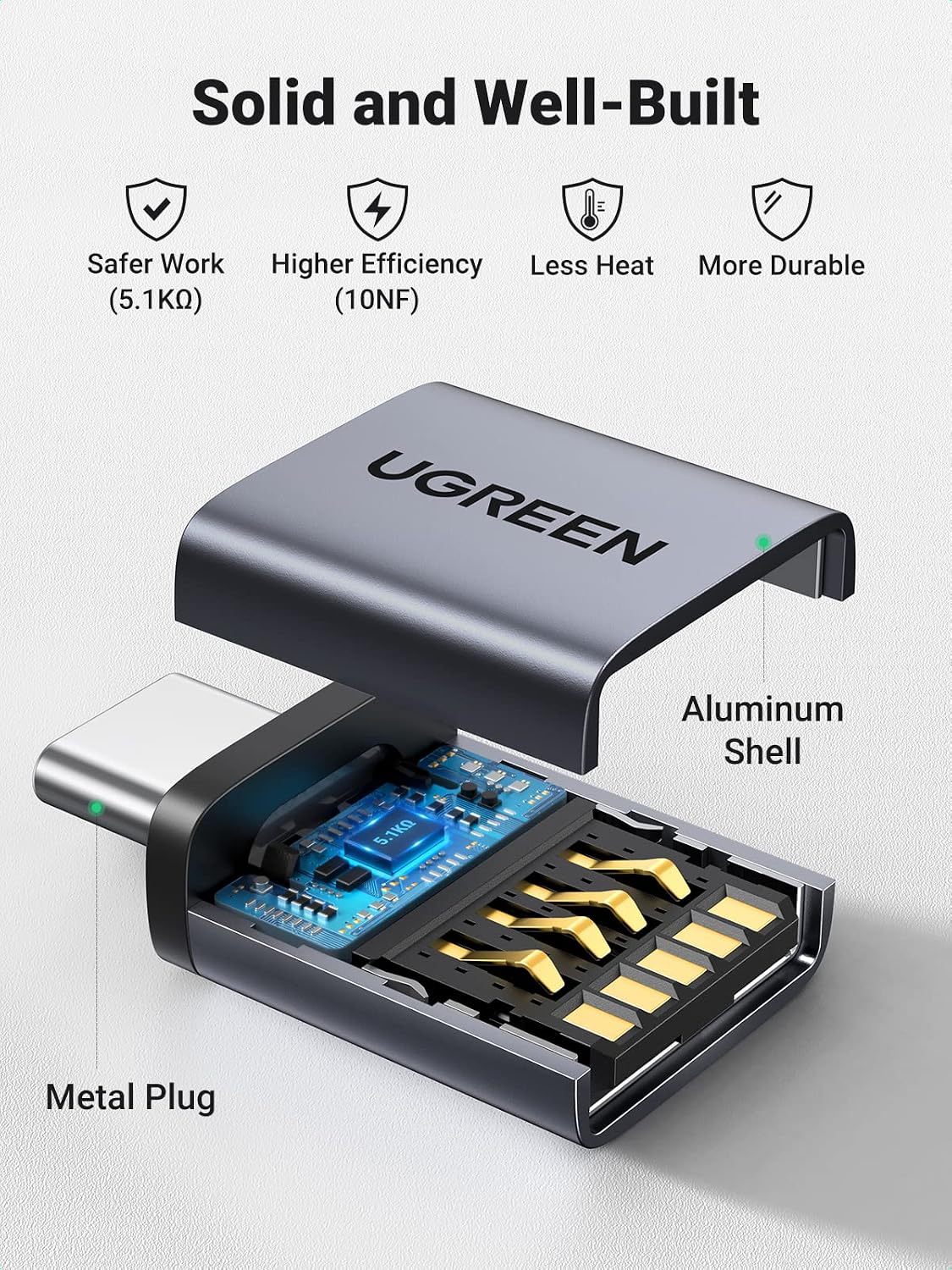 Detalle 2 de UGREEN USB to USB-C Adapter, 10Gbps Data Transfer, Black Aluminium