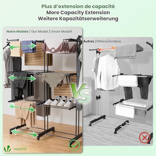 Detalle de VOUNOT Séchoir à Linge Extensible Grande Capacité – Tour de Séchage 3 Niveaux, Noir
