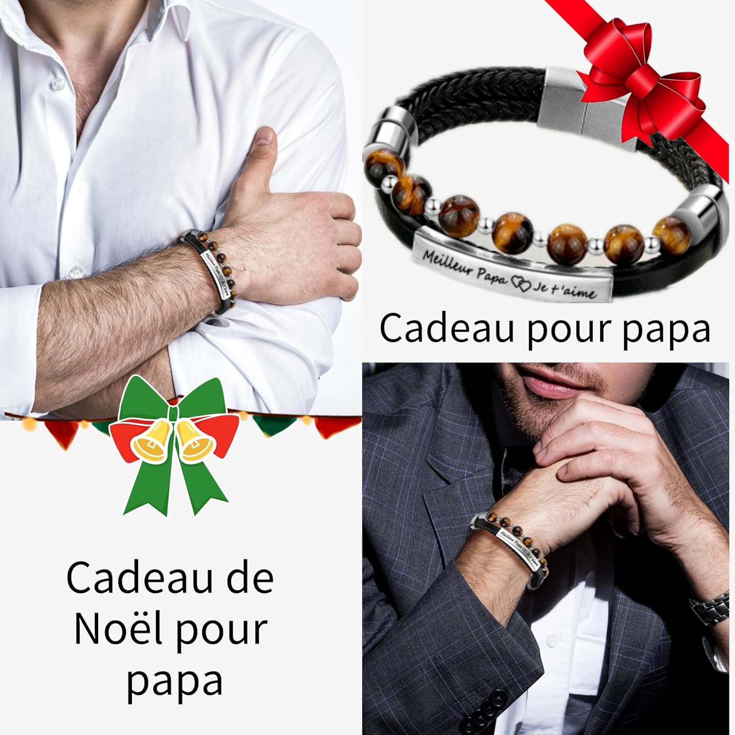 Detalle de Jbniuay Cadeau Homme – Bracelet en cuir triple avec perles naturelles