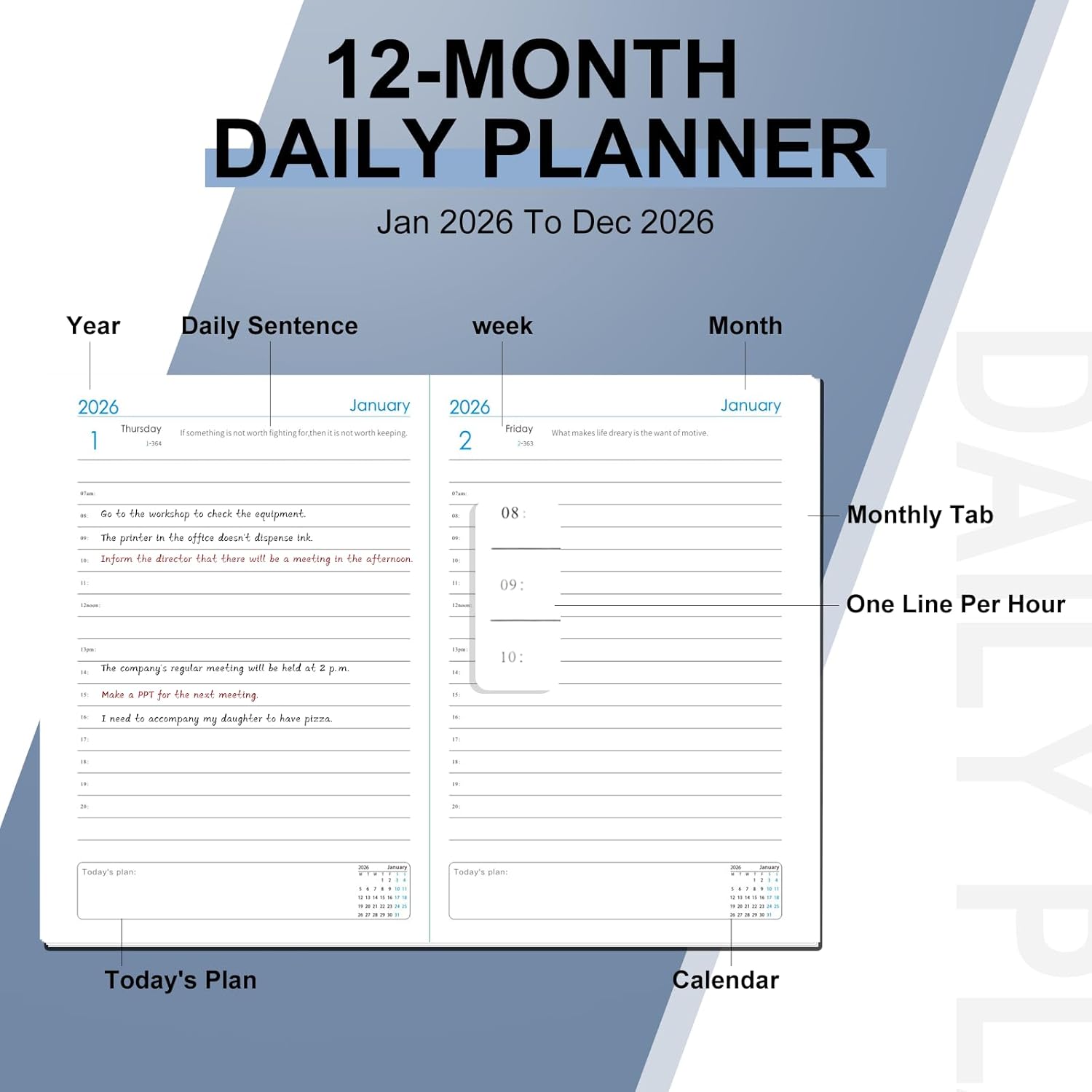 Thumbnail 4 de 2026 A5 Page-a-Day Diary (Jan–Dec) with Monthly Tabs, Pen Loop & Inner Pocket