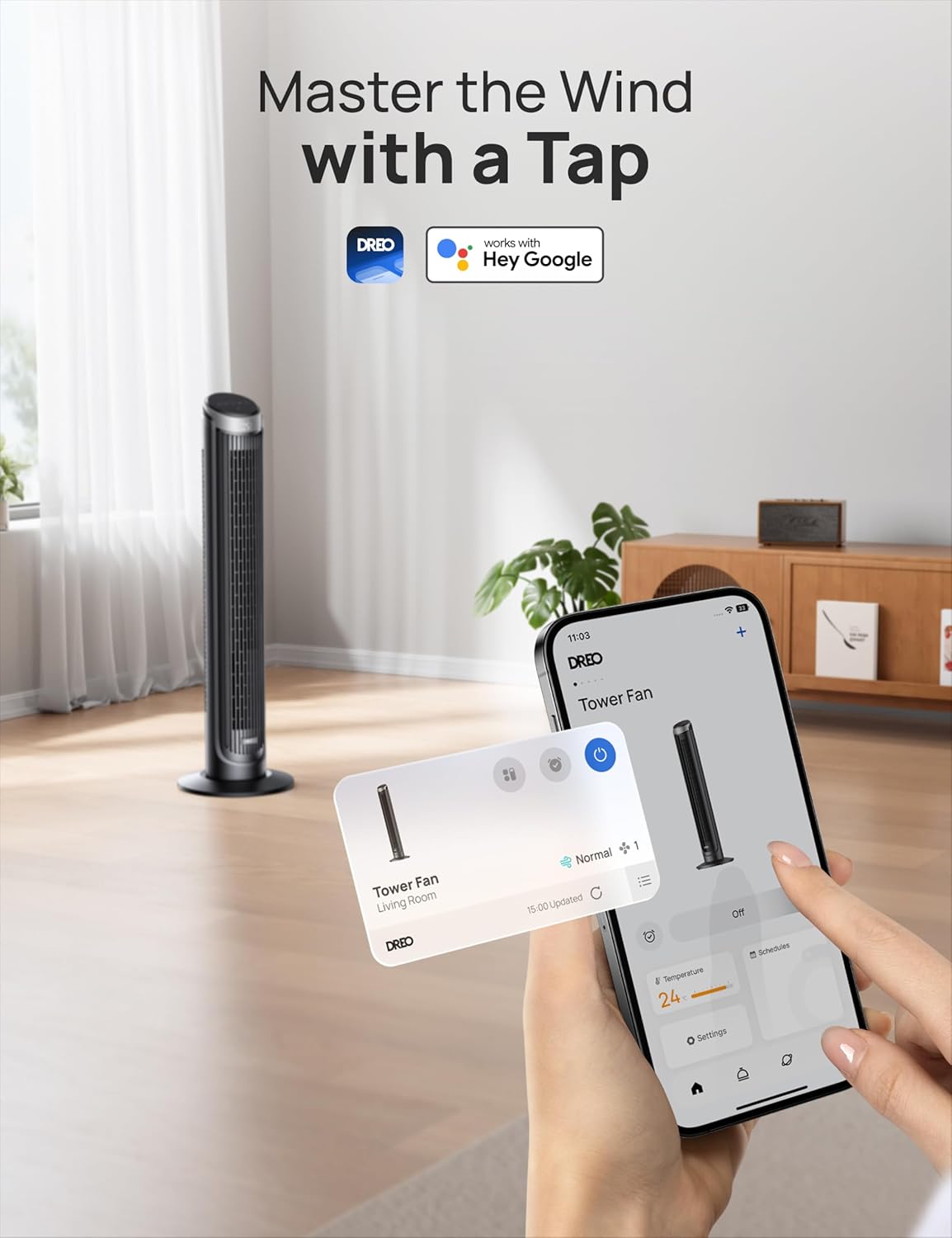 Thumbnail 4 de DREO Smart Tower Fan for Bedroom (90° Oscillating) – 7.9m/s, 5 Speeds, Quiet 28dB, Touch/Remote/App & Alexa