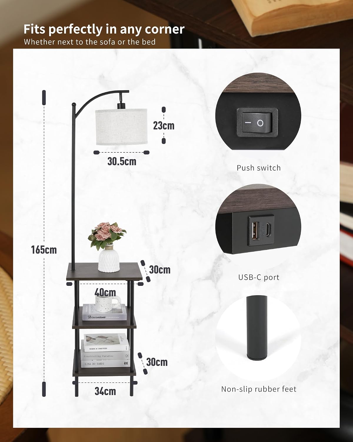 Detalle 2 de LuminexDesigns Lámpara de pie con mesa y estantería 1,8 m