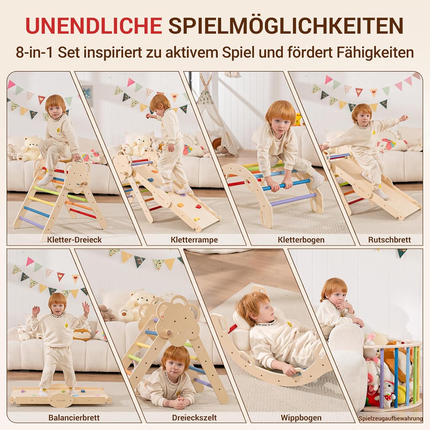 Thumbnail 3 de COSYLAND Indoor Klettergerüst L – Großes Kletterdreieck-Set mit Kletterbogen & Rutsche (8-in-1) für Kinder ab 18 Monaten