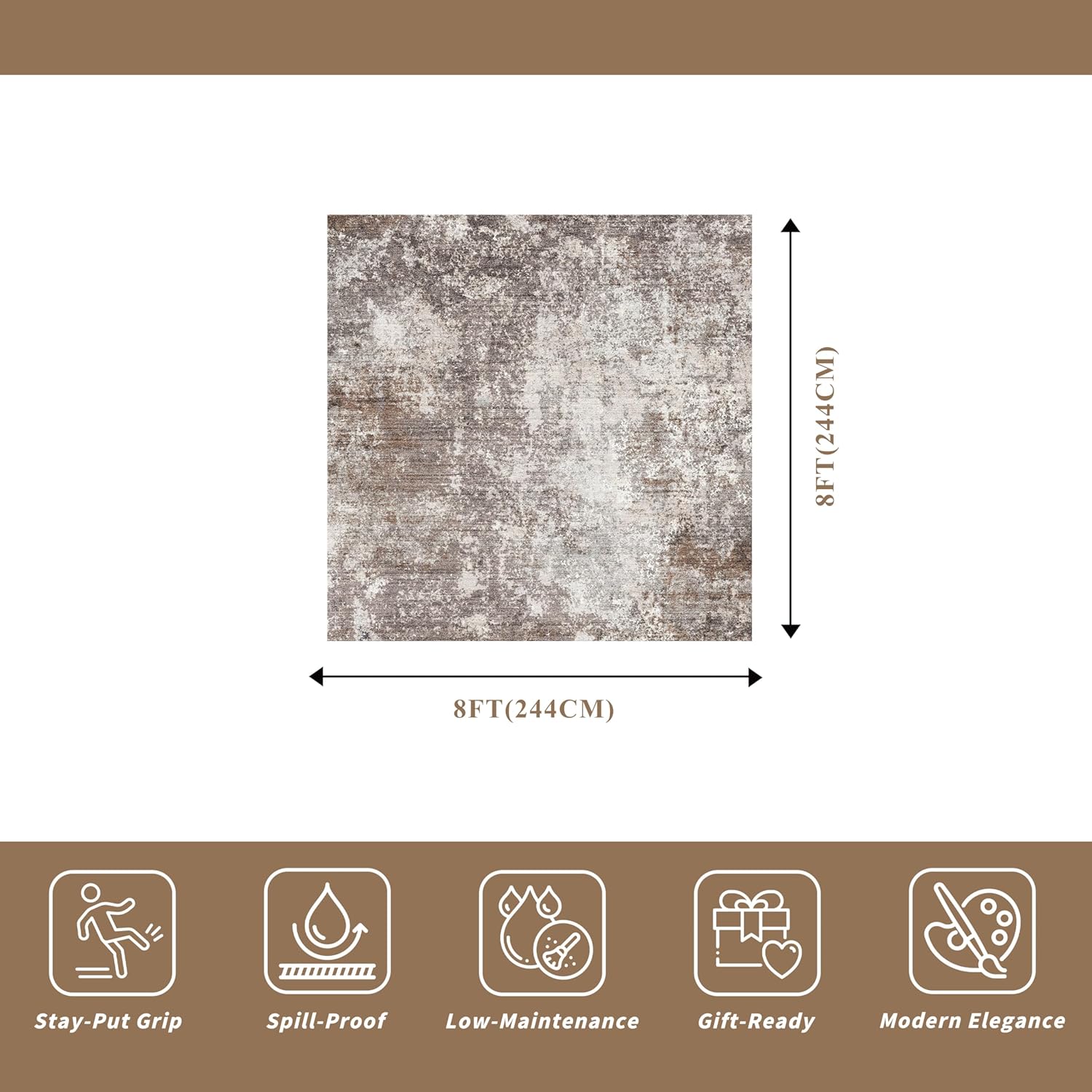 Thumbnail 1 de 8x8 Square Living Room Area Rug – Washable Modern Neutral Abstract Indoor Rug (Brown Beige)