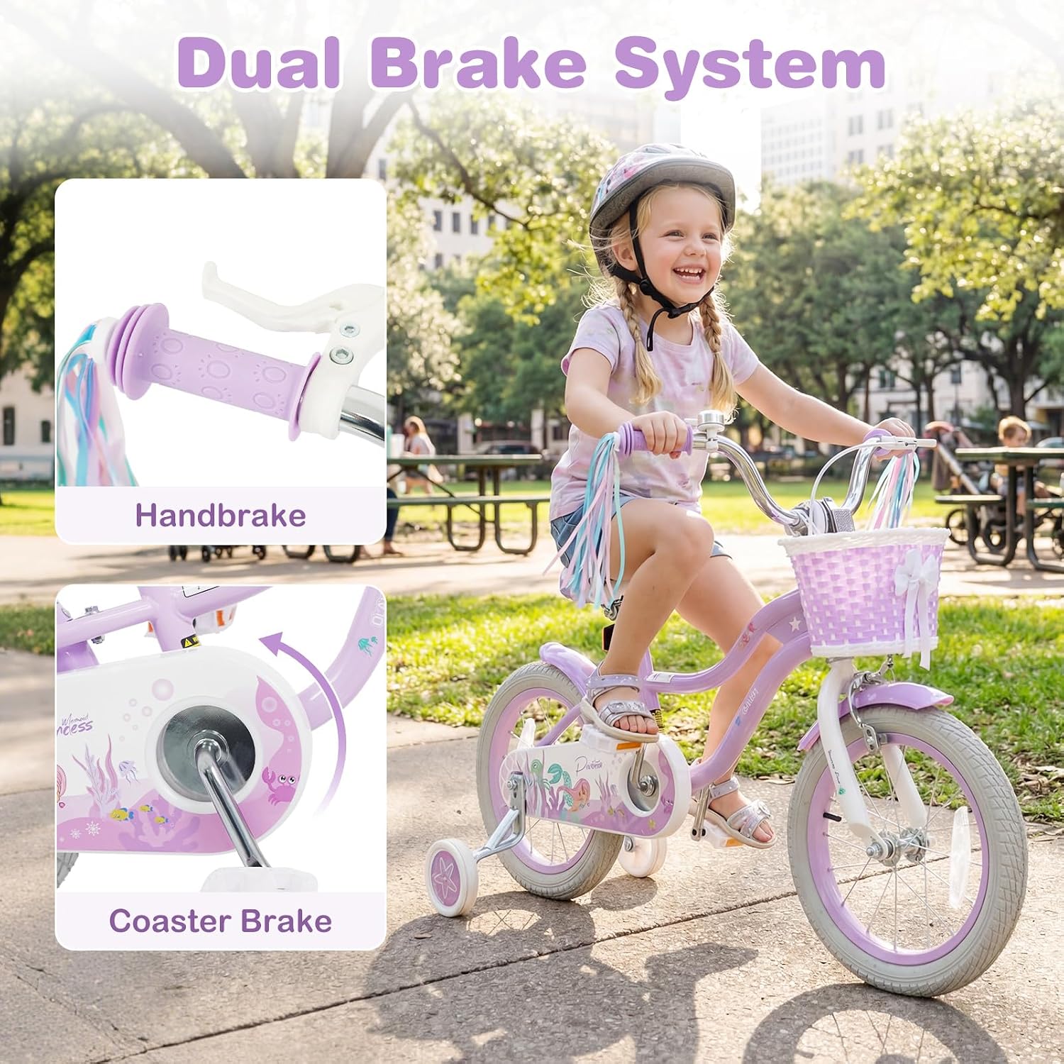 Detalle de Olakids Mermaid Theme Kids Bike — 12–20 Inch Bicycle with Training Wheels, Basket, Adjustable Seat and Handlebar