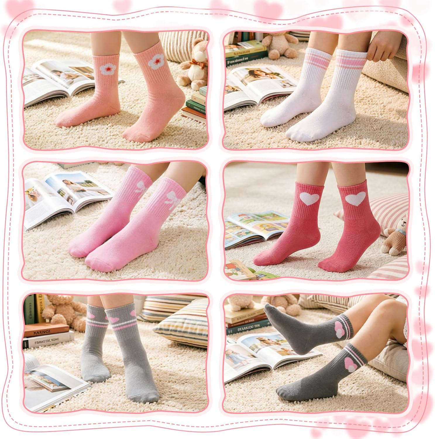 Thumbnail 3 de Zuimei 6 Pairs Kids Crew Athletic Socks with Stripes, Hearts, Bow & Flower – UK Size 3-4