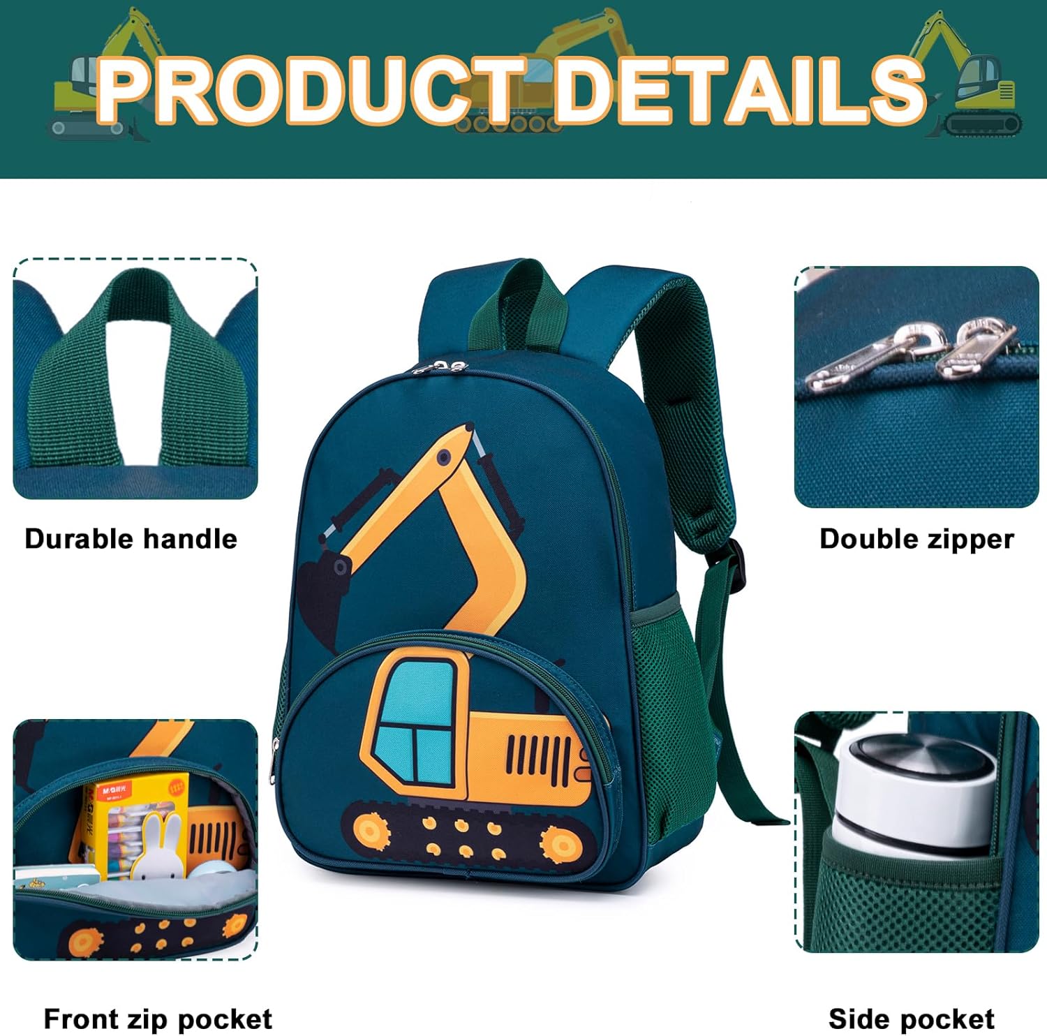 Detalle de LOIDOU Kinderrucksack Jungen 38 cm – Vorschul-Tagesrucksack mit Dinosaurier-, Hai- und Auto-Motiv