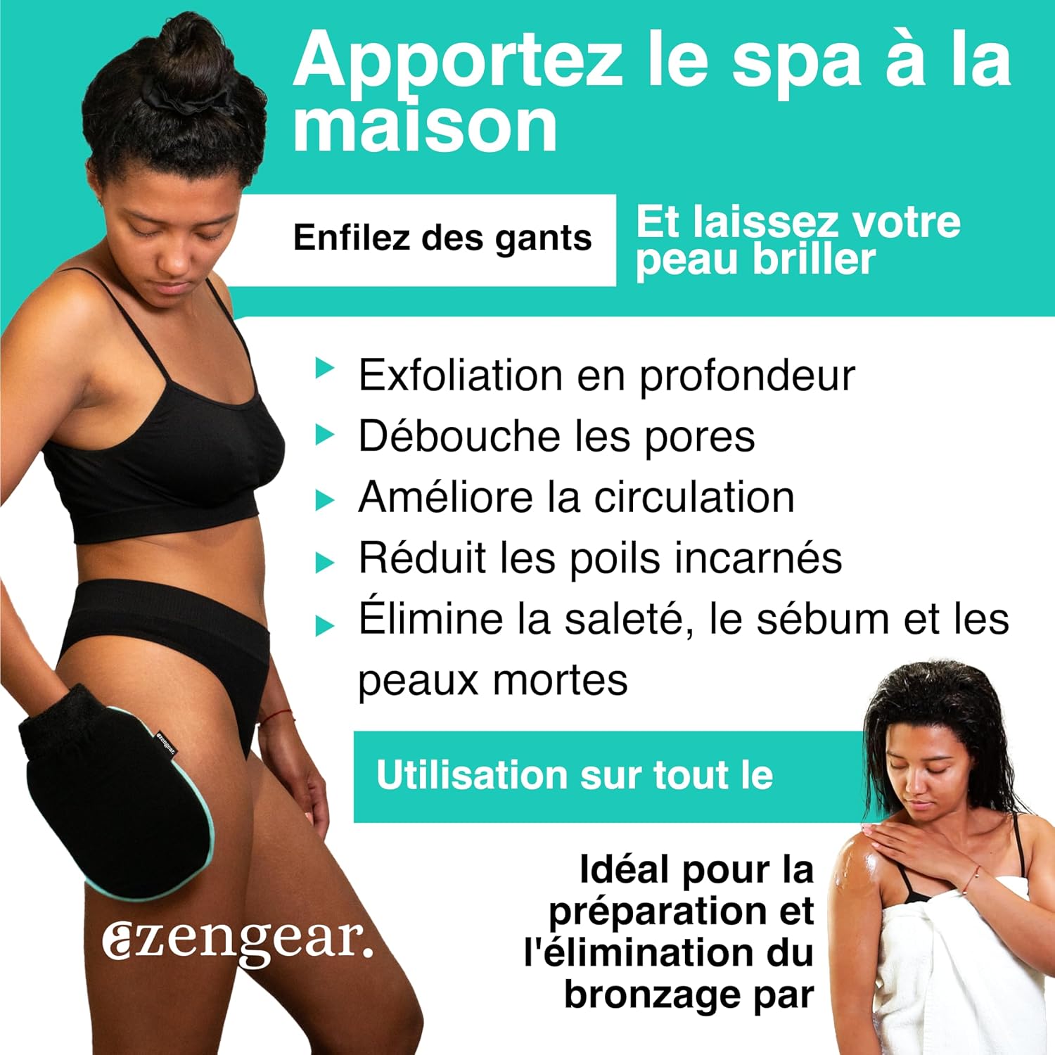 Detalle de aZengear Gant exfoliant (Paire) – Gant de gommage profond pour le bain coréen, noir