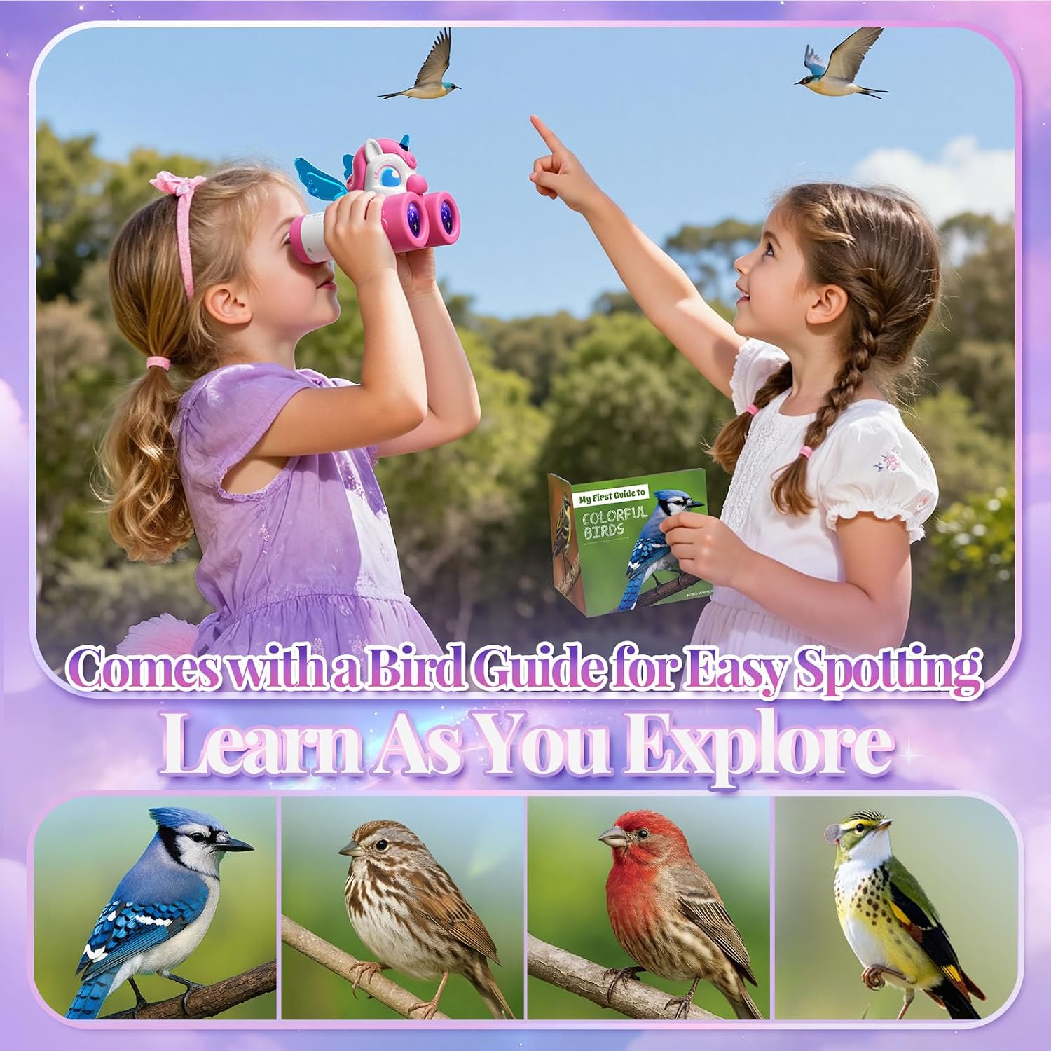Detalle de Unicorn kids binoculars (ages 3–12) with heart & wings design and bird-watching guide