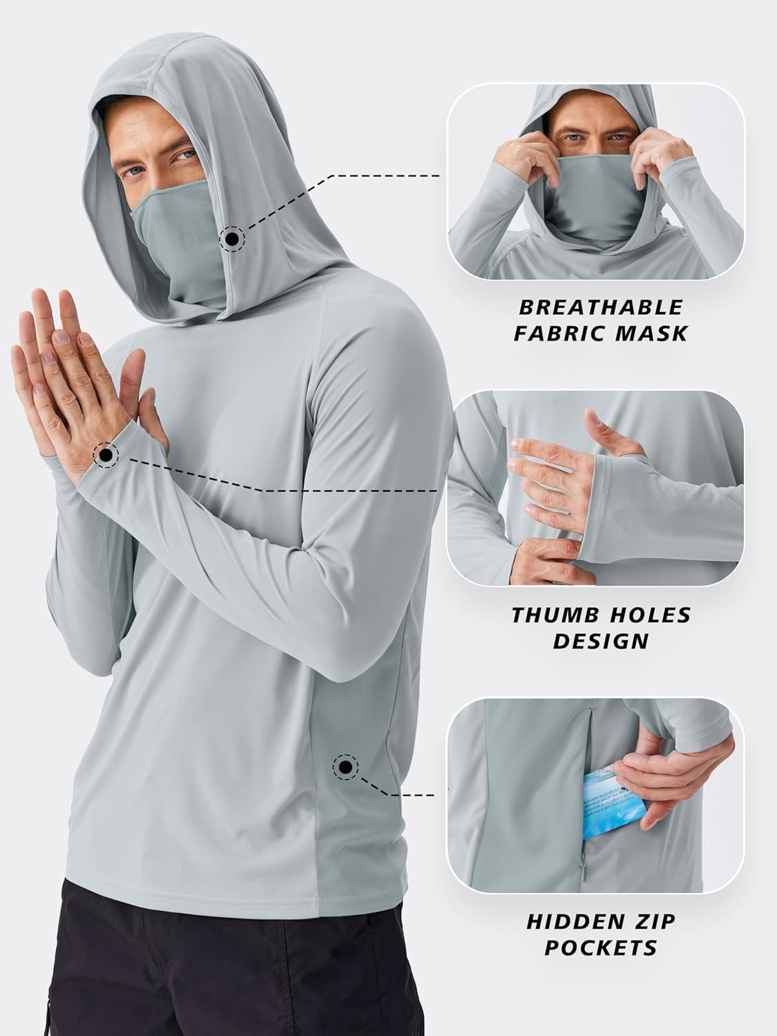 Detalle 2 de PINSPARK Men’s Sun Protection Hoodie with Mask UPF 50+ Long Sleeve Shirt for Fishing, Hiking & Outdoor Wear