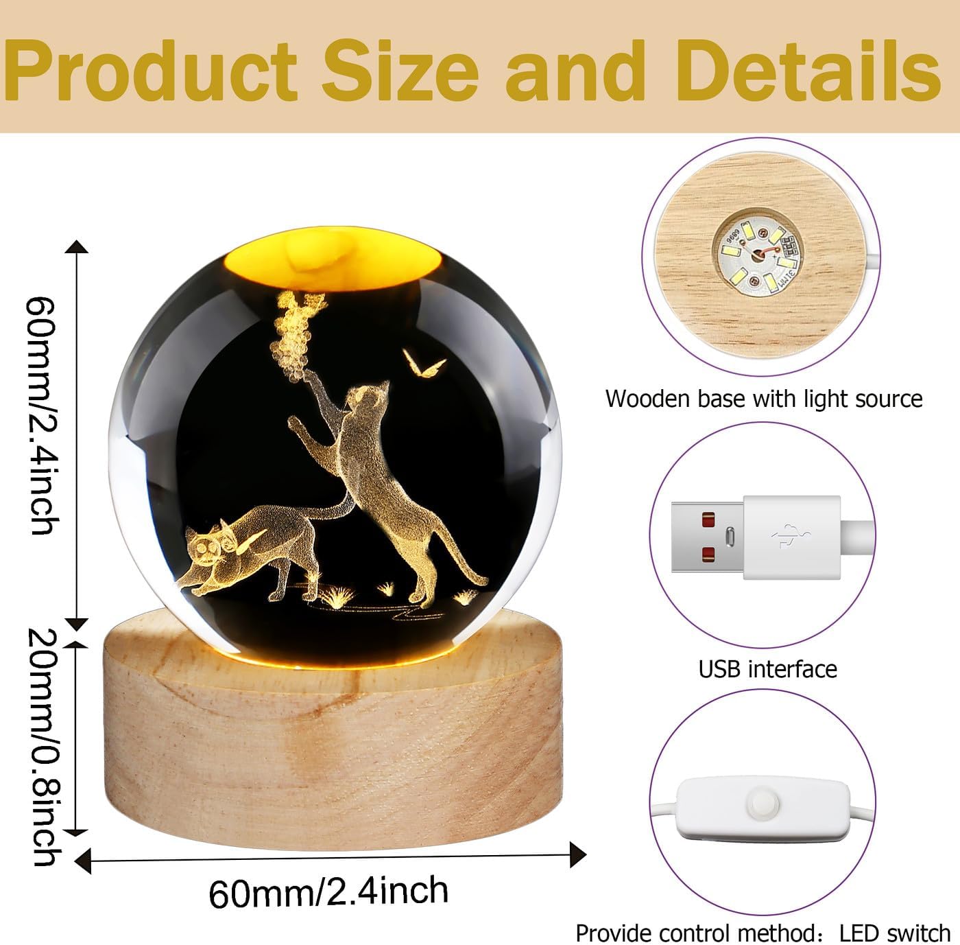 Thumbnail 4 de AWARDSEN 3D Crystal Ball Cat Ornament with Wooden Base – Subtle Night Light & Desk Decor
