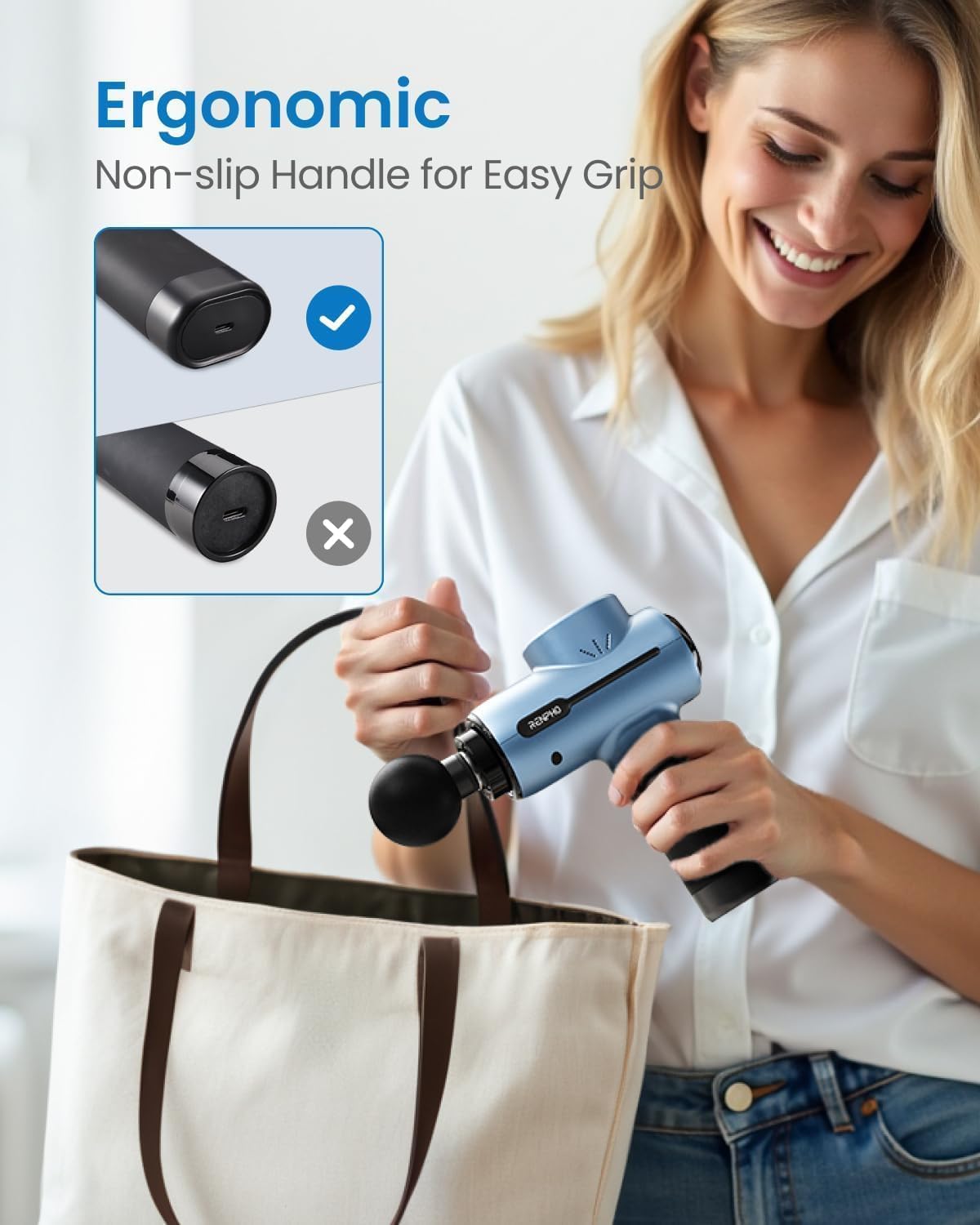 Detalle de RENPHO Active Massage Gun für Tiefes Gewebe – kabellose Massagepistole mit bürstenlosem Motor und USB‑C Laden
