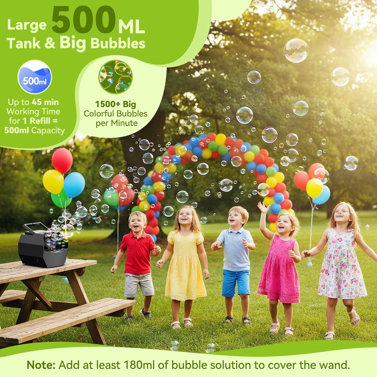 Detalle de Theefun Bubble Machine 500mL: Portable Automatic Bubble Blower for Indoor & Outdoor Fun