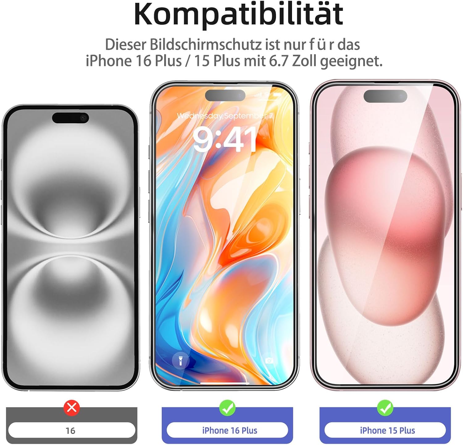 Detalle 2 de NEW'C 3er Set Full Screen Panzerglas für iPhone 16 Plus / 15 Plus (6,7 Zoll) mit Auto-Installation, 9H Schutzglasfolie