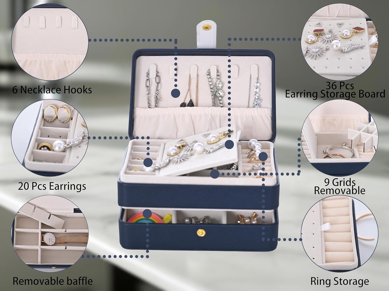 Thumbnail 1 de Jewellery Box, 3-Layer Leather Jewellery Storage Box – Portable Travel Organiser in Blue