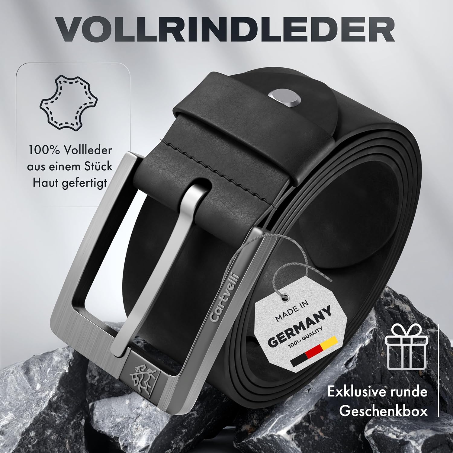 Detalle de Cartvelli Premium Ledergürtel Herren 40 mm – Made in Germany, Geschenkbox, Vollleder