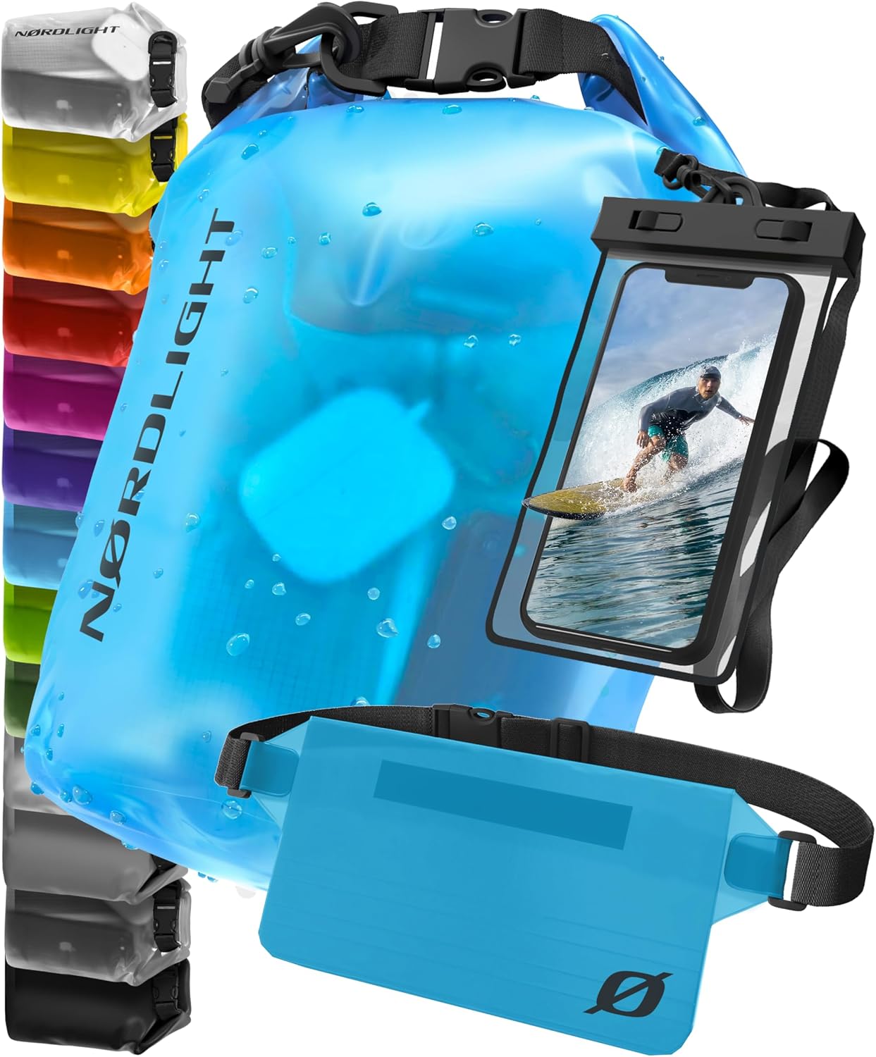 Detalle de Nordlight Dry Bag wasserdichte Tasche – 2l bis 30l, Roll-Top, inkl. Bauchtasche und Smartphone-Hülle