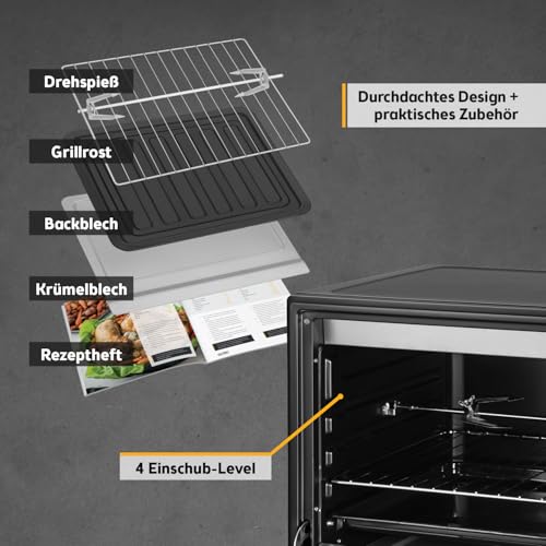 Detalle de TZS First Austria Minibackofen 45L 2000W – Pizzaofen mit Drehspieß, 230°C, Umluft, X-Coating & umfangreichem Zubehör