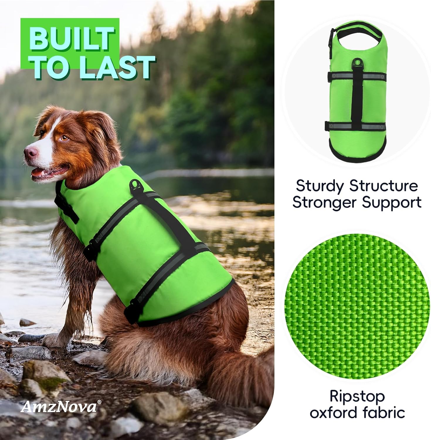 Thumbnail 1 de AMZNOVA Rip Stop Hundeschwimmweste (L) in Hellgrün – Rettungsweste für Bootfahren & Wassersport