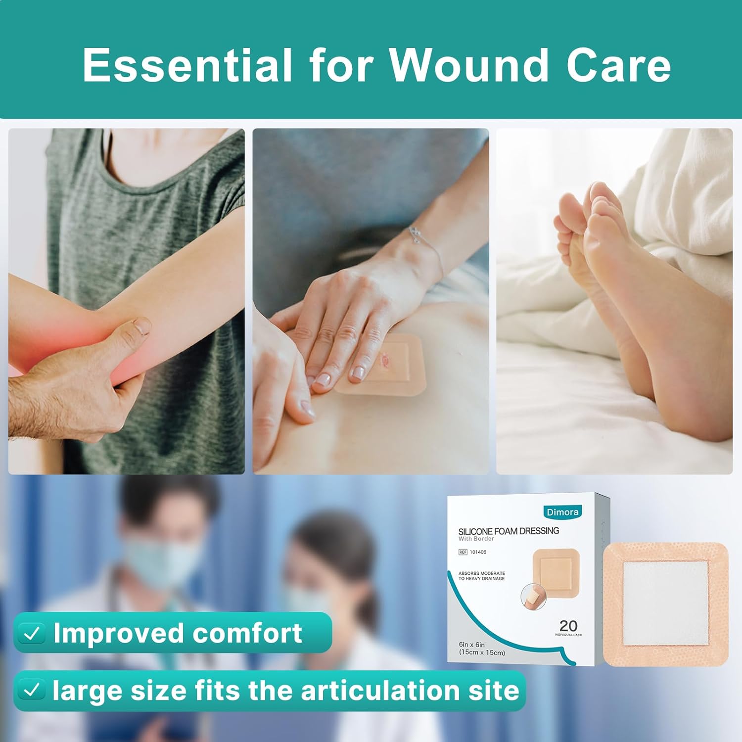 Thumbnail 6 de Dimora Silicone Foam Dressing with Border Adhesive 6"x6" Waterproof Wound Care Bandage, 20 Pack