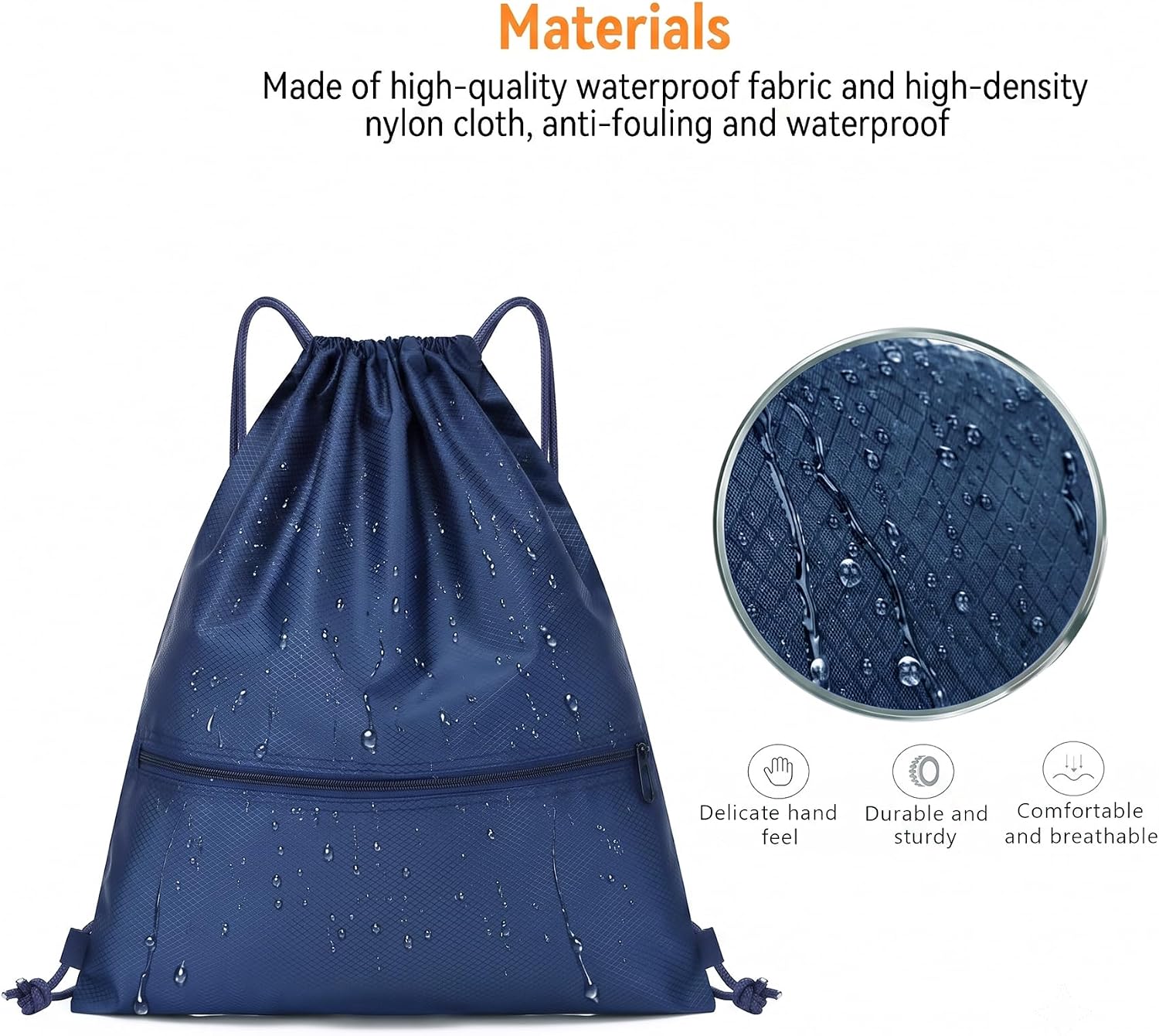 Thumbnail 3 de Arae Large Drawstring Backpack Bag with Front Pocket – Waterproof Oxford, Dark Blue