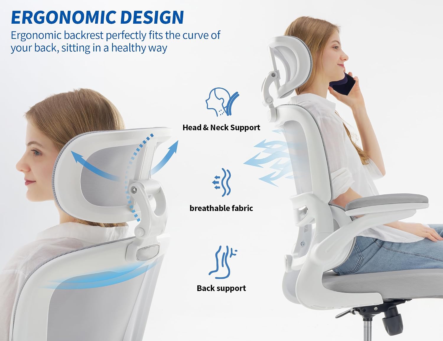 Detalle de TRALT Ergonomic Office Chair, Grey Mesh Back, Leather Seat and Flip-Up Arms