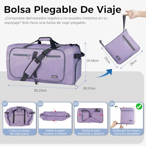 Detalle de Fmeida Bolsa de Viaje Grande 65L, plegable y resistente, color púrpura