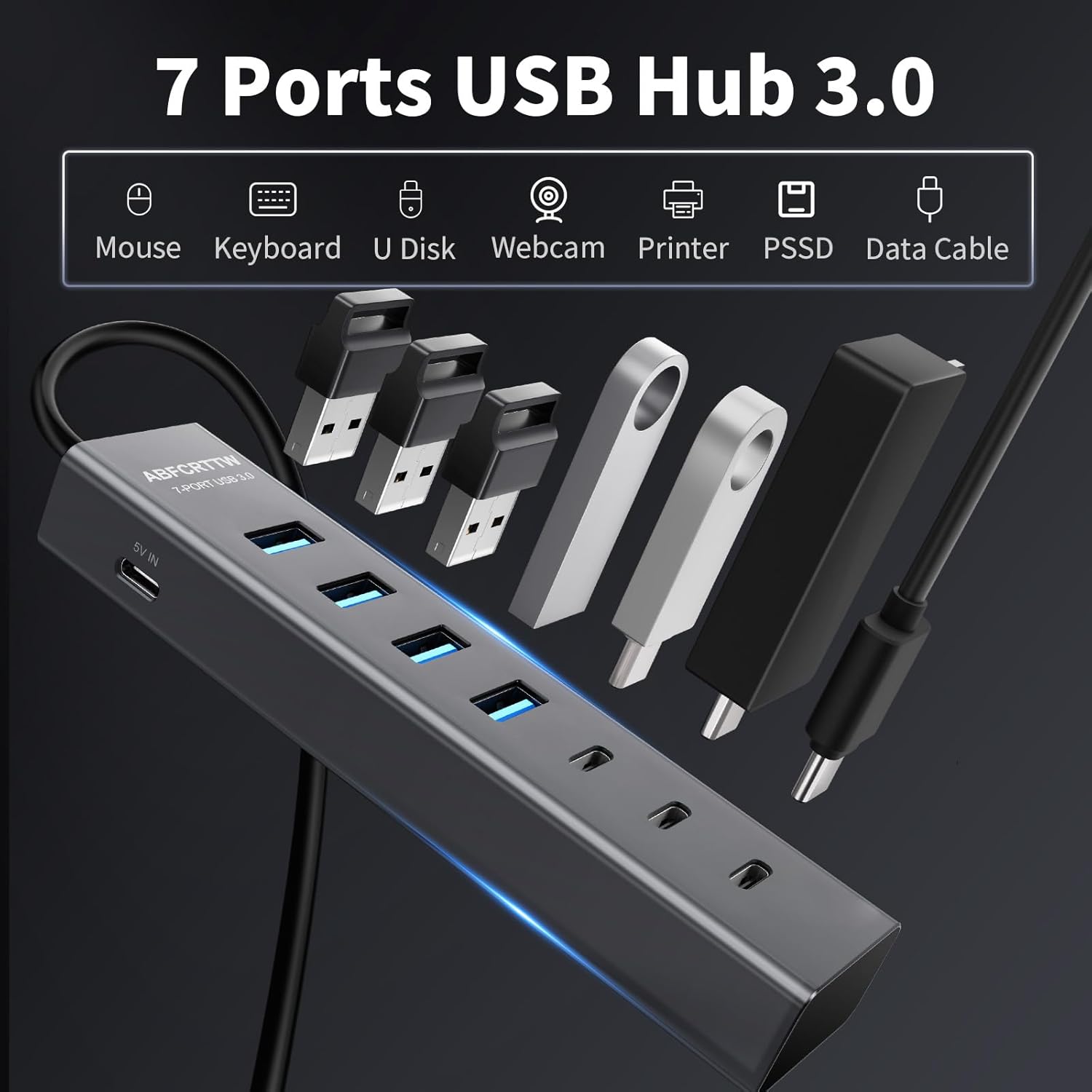 Thumbnail 3 de 7-Port USB 3.0 Aluminium Hub with 1.2m Cable – 4 USB-A / 3 USB-C Desk Splitter