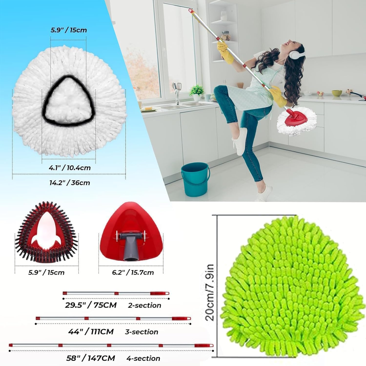Detalle de Vileda-compatible spin mop set with 4-section handle