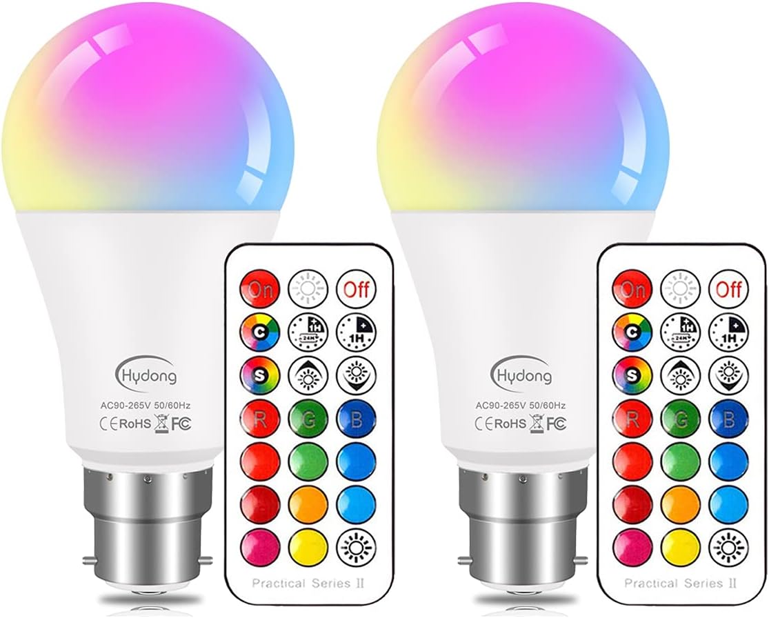 Detalle de HYDONG Colour Changing Light Bulb B22 Bayonet 10W RGBW LED (2 Pack) with Remote Control
