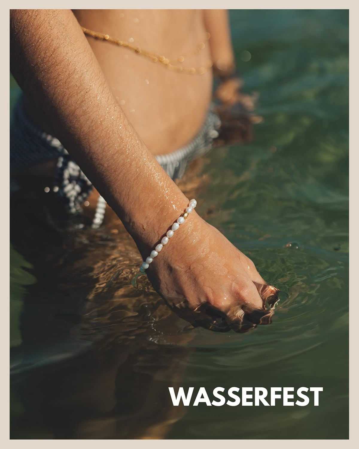 Detalle de GD GOOD.designs Perlenarmband für Damen mit echten Süßwasserperlen (4 mm), 18K-Vergoldung, verstellbar 15–19 cm