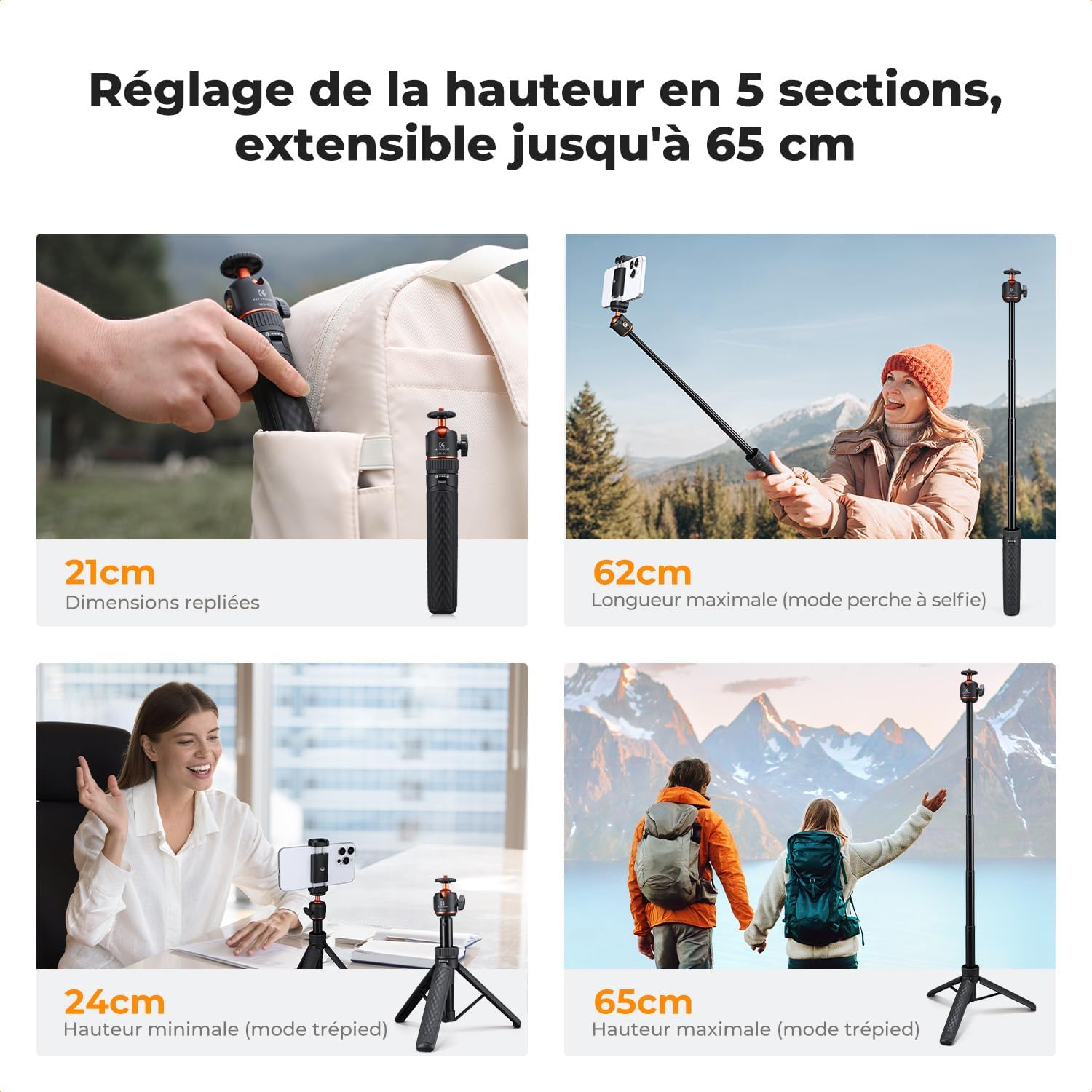 Detalle de K&F CONCEPT MS62 Perche à Selfie 65 cm – Trépied léger et compact pour smartphone et caméra d’action