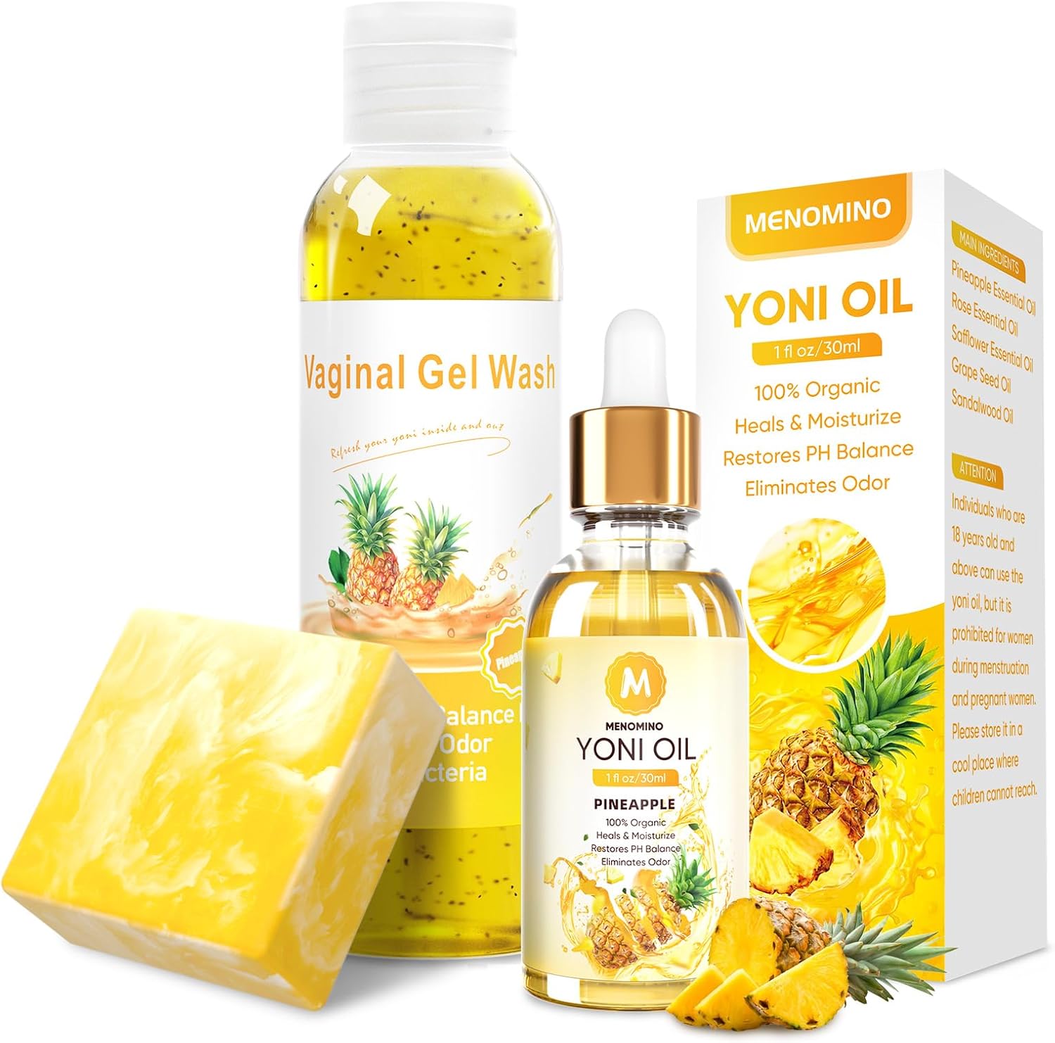 Detalle de MENOMINO Feminine Wash, Yoni Soap Bar and Oil Set for Intimate Care