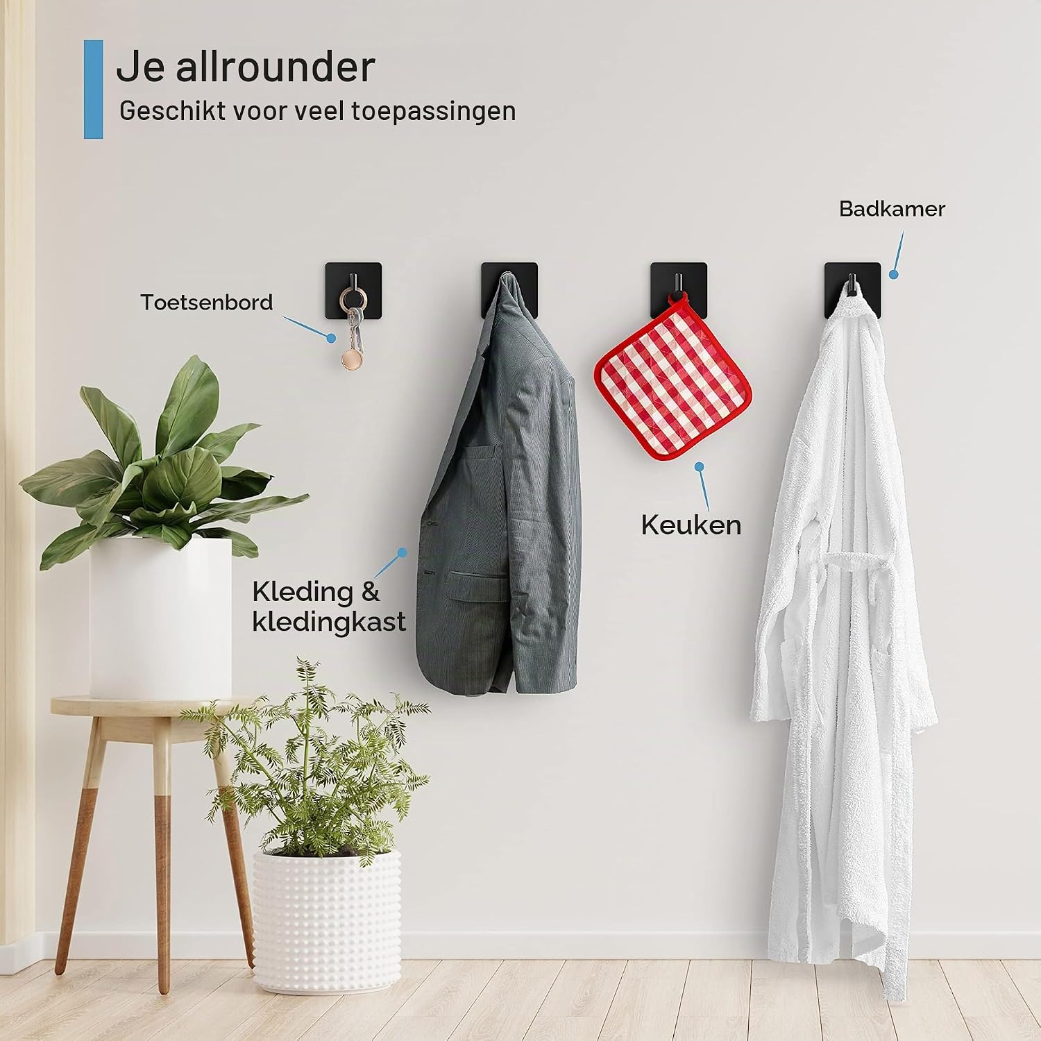 Detalle 1 de virea 4x zelfklevende wandhaken van roestvrij staal, zwart, tot 8 kg
