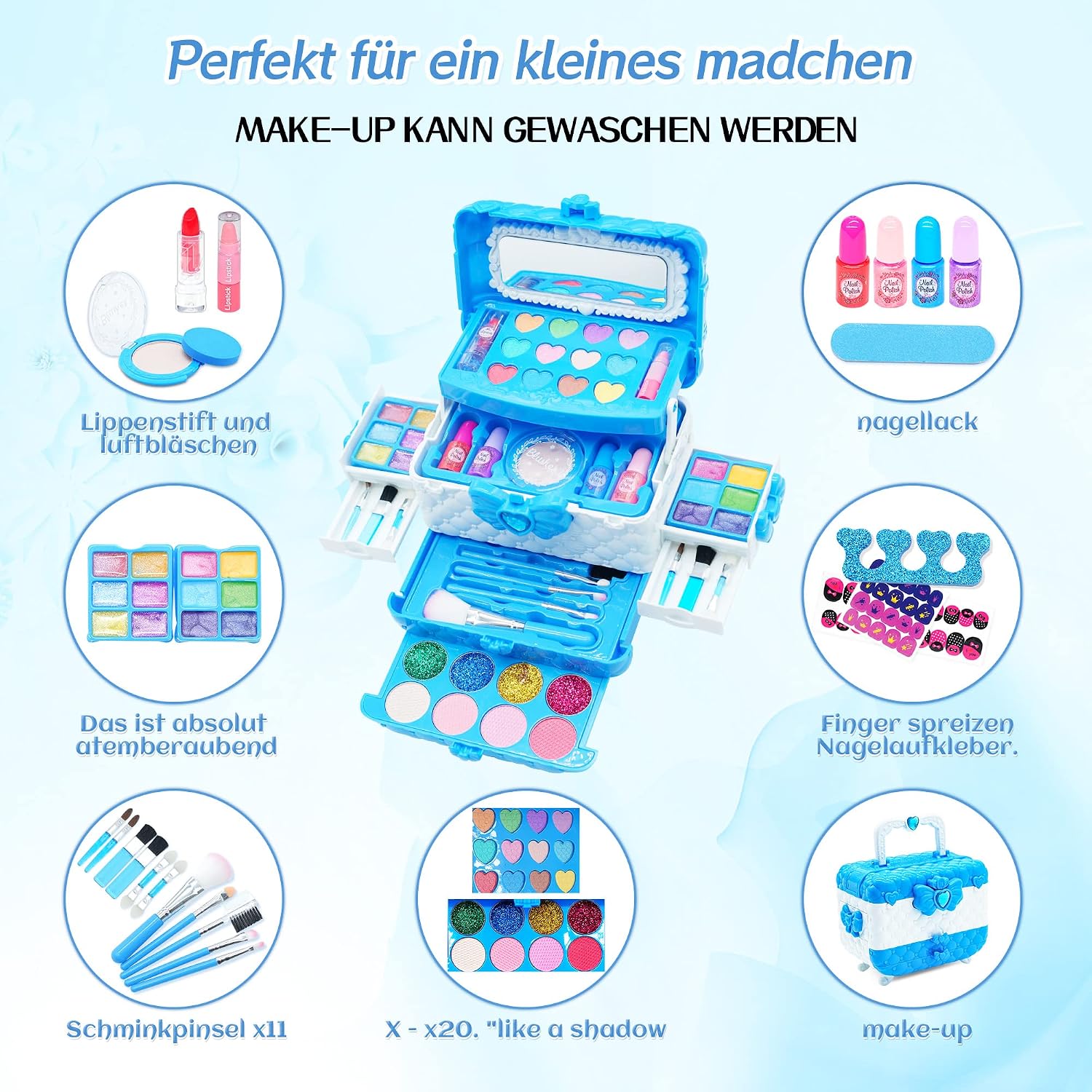 Detalle de Frozen Kinderschminke Set Mädchen – Waschbarer Schminkkoffer mit 57 Teilen